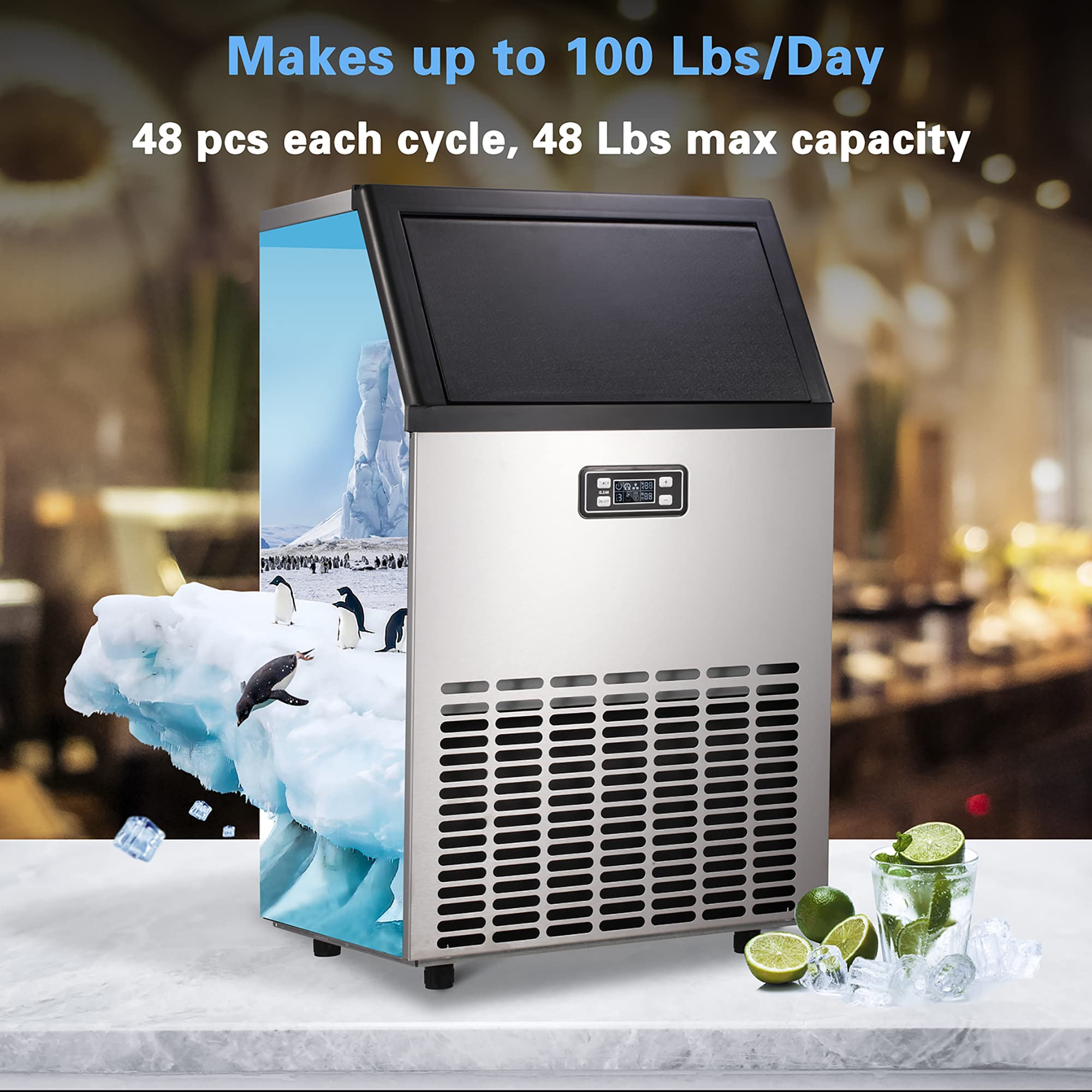 Ice Maker, Commercial Ice Machine,100Lbs/Day, Stainless Steel Ice Machine with 48 Lbs Capacity, Ideal for Restaurant, Bars, Home and Offices, Includes Scoop-Aldronix