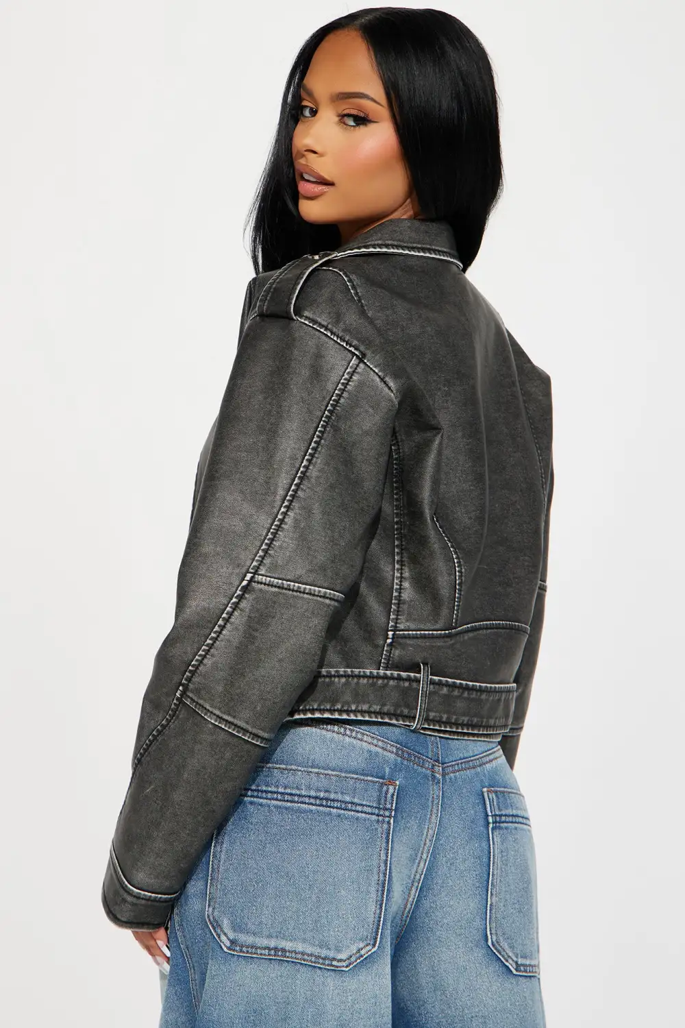 My Time Washed Faux Leather Moto Jacket - Charcoal-Aldronix