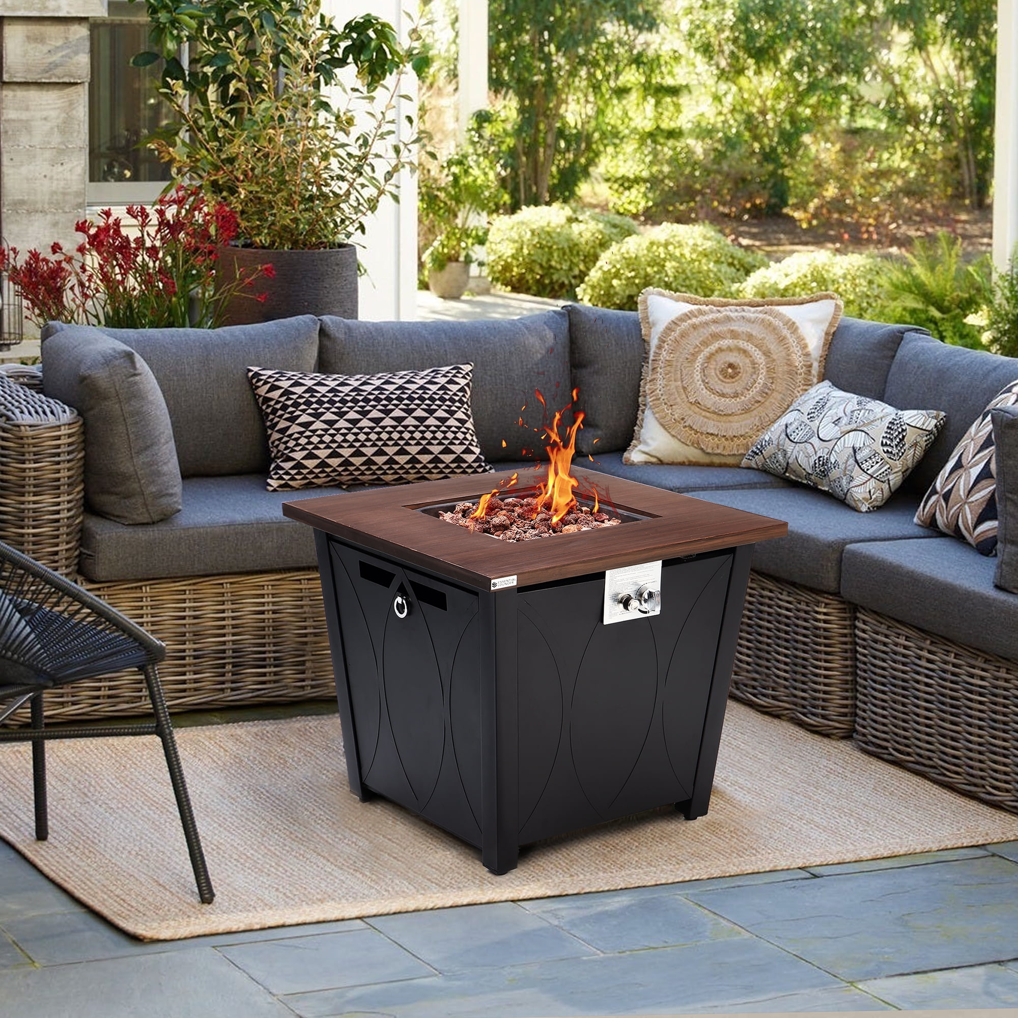 28" Propane Gas Fire Pit Table, 50000 BTU Steel Fire Table with Lid and Waterproof Cover, Black-Aldronix