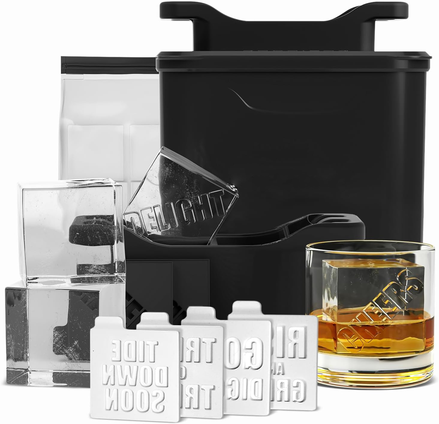 Prokonk Premium Clear Ice Cube Maker Mold - 4 Large 2.1-inch Crystal Clear Ice Squares for Whiskey & Cocktails - Easy-to-Remove Ice Cube Mold - Storage Bag & Silicone Inserts Included (Non-Electric)-Aldronix
