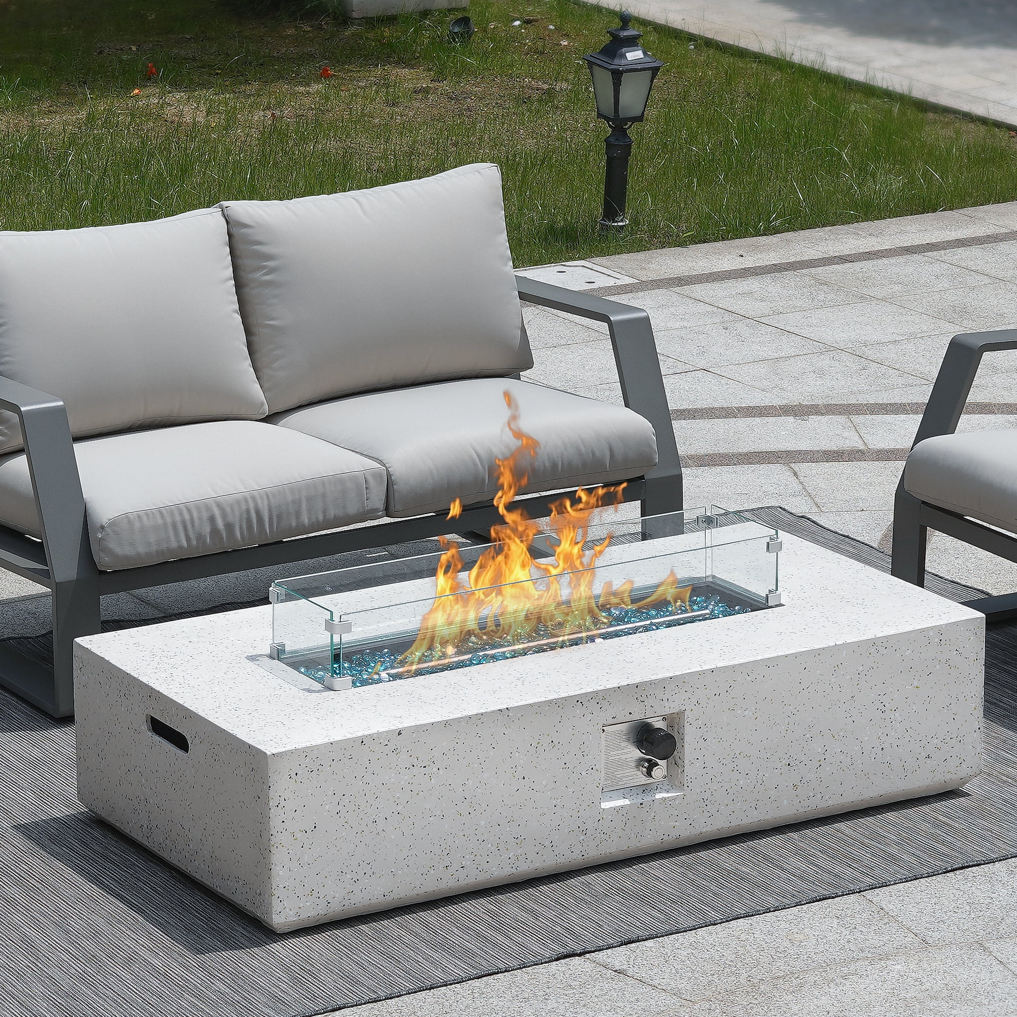 56 inch Concrete Propane Fire Pit Table, 50,000 BTU Outdoor Firepit Rectangular Table with Propane Tank Metal Stand, Fire Glass Beads and Waterproof Cover, White-Aldronix