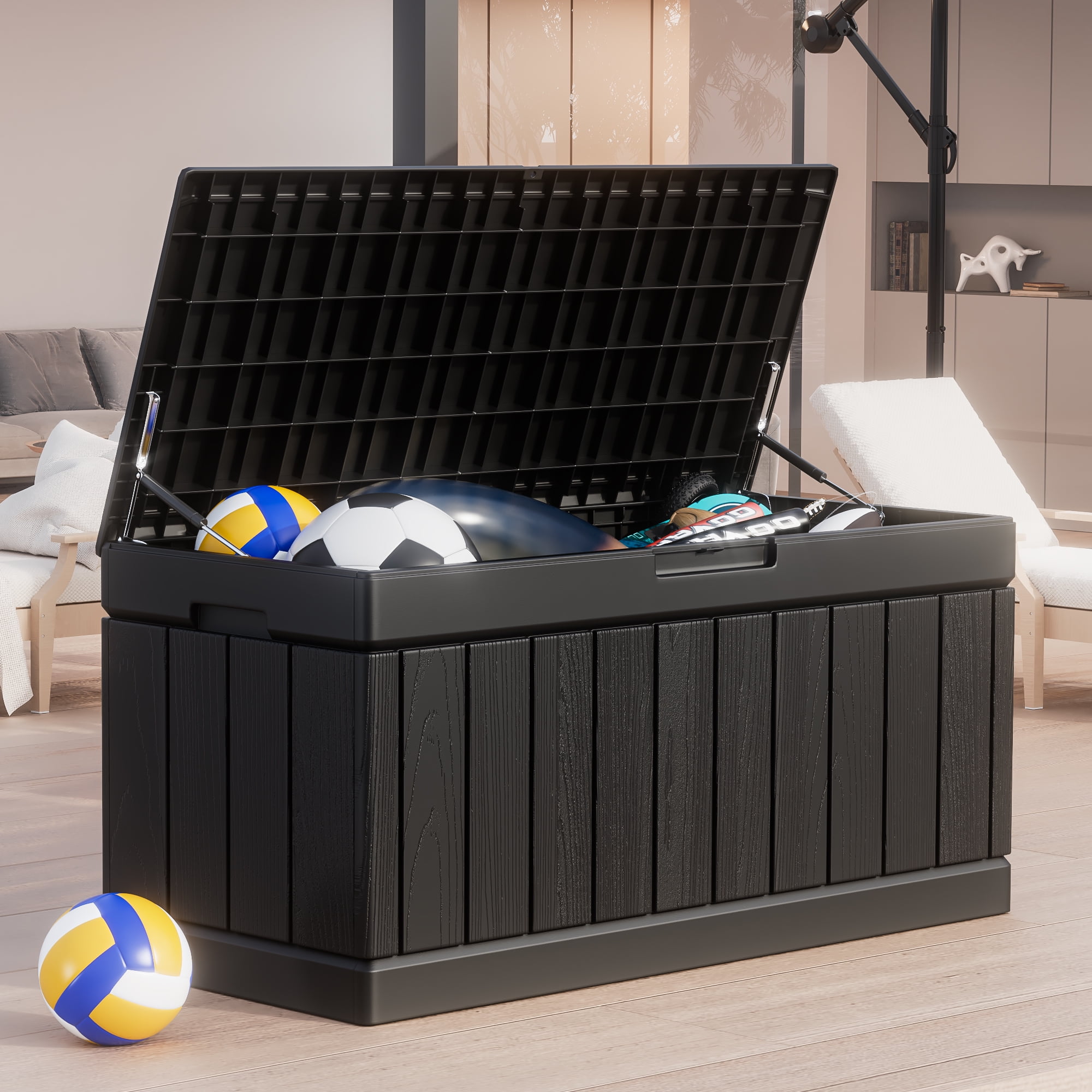82 Gallon Outdoor Storage in Resin Deck Box 45.66in Width Lockable Deck Box, Black-Aldronix