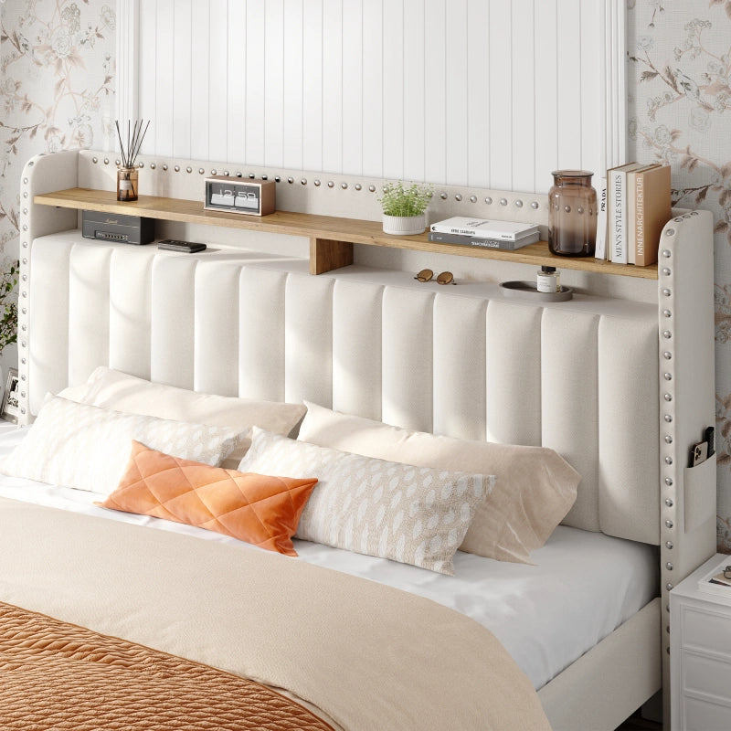 e Upholstered Queen Bed Frame with Storage and Headboard, Heavy Duty Metal Bed Frame with 2 Drawers, Noise-Free, White-Aldronix