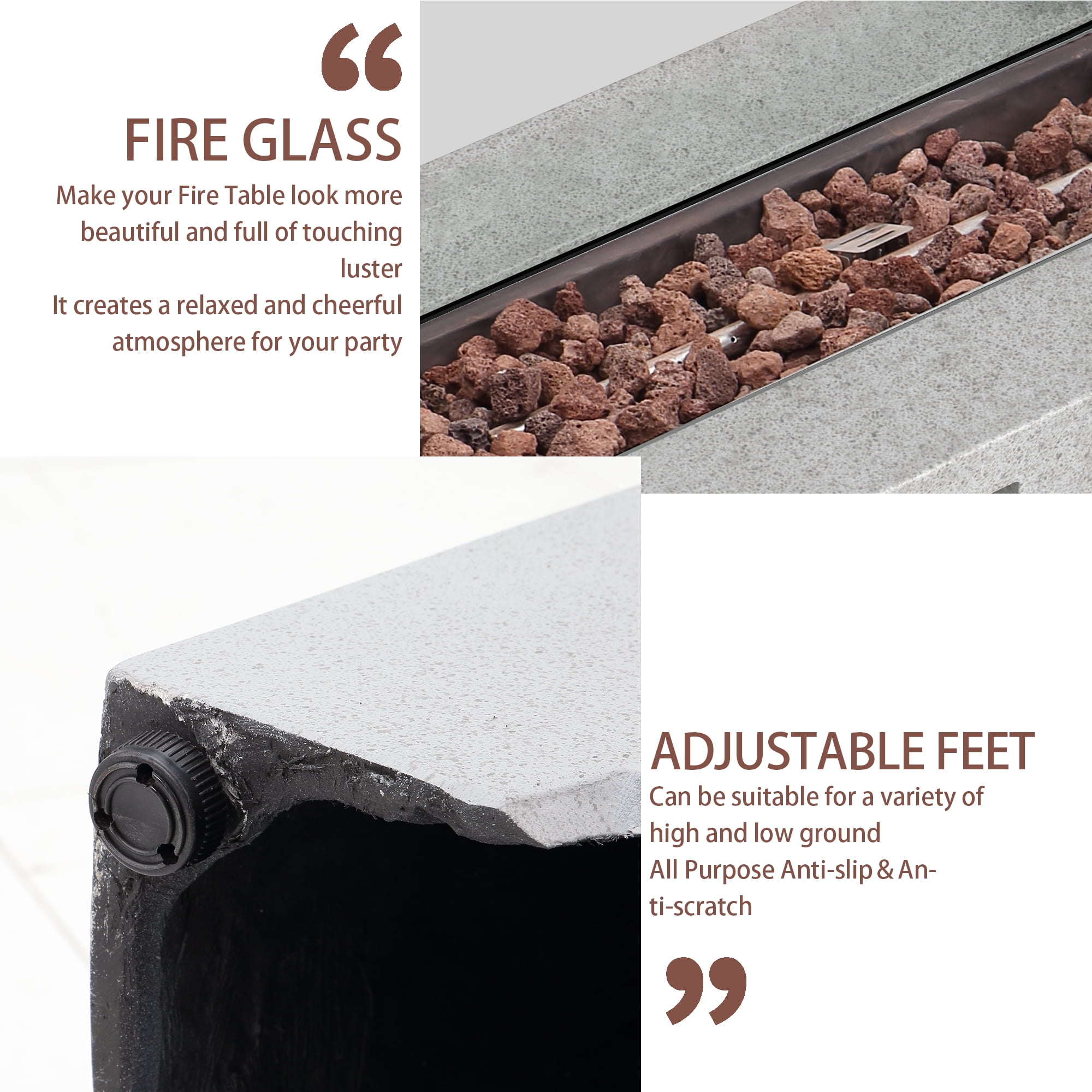 56 inch Concrete Propane Fire Pit Table, 50,000 BTU Outdoor Firepit Rectangular Table with Propane Tank Metal Stand, Fire Glass Beads and Waterproof Cover, White-Aldronix