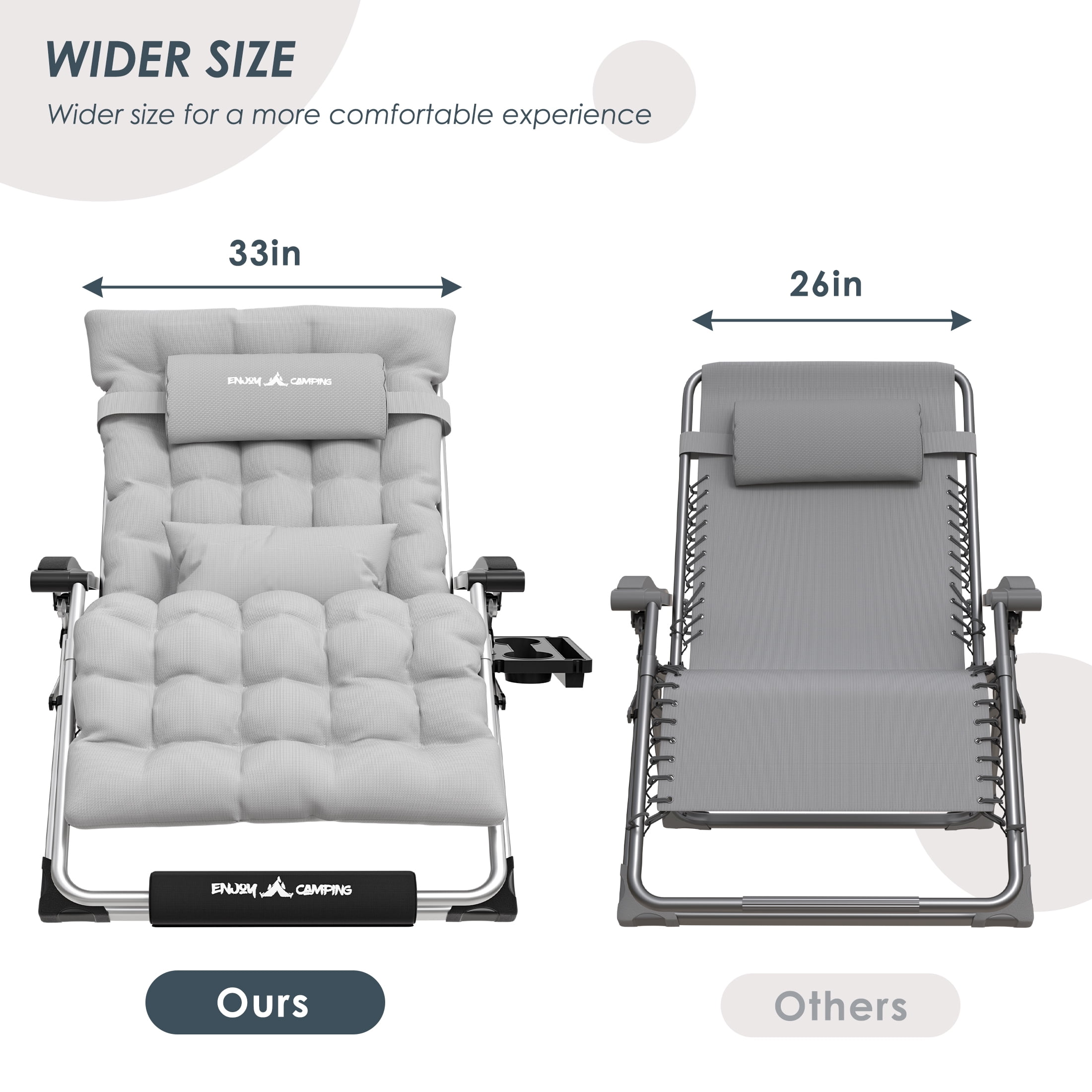 Oversized Zero Gravity Chair 33In XXL Patio Reclining Chair with Cushion, Outdoor Folding Adjustable Recliner with Cup Holder, Foot Rest & Padded Headrest, Support 500LB, Black-Aldronix