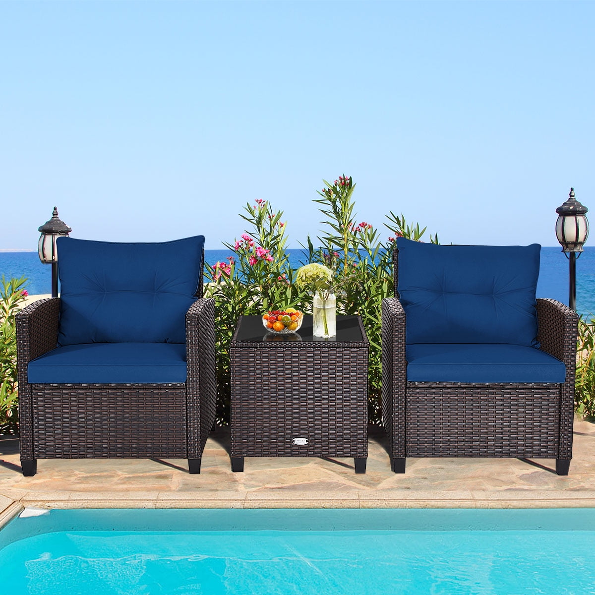 3 Pieces Wicker Cushioned Conversation Set Outdoor Rattan Furniture with Turquoise Cushions-Aldronix