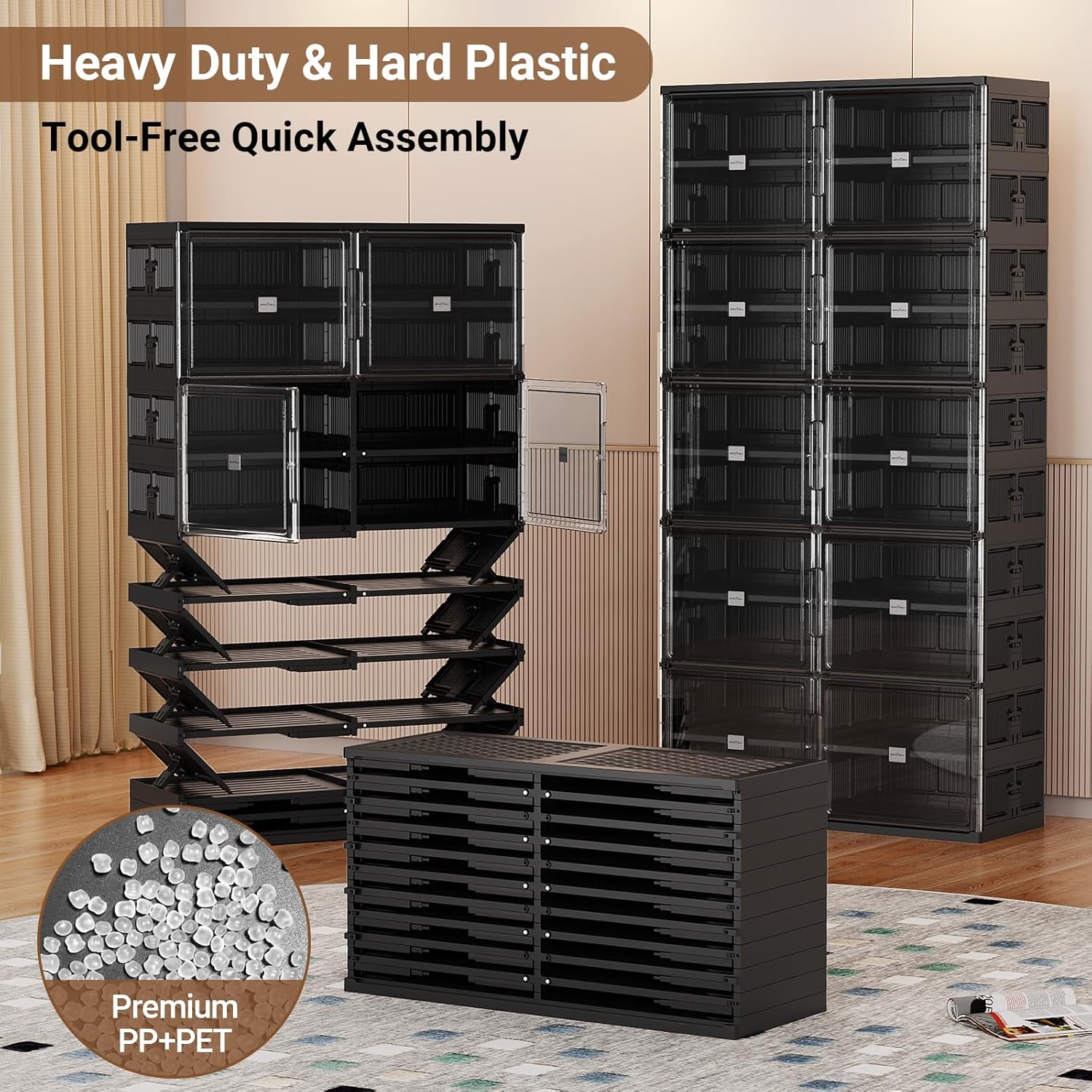 10 Tiers 40 Pairs Hard Plastic Shoe Storage Organizer Cabinet for Entryway, Large Stackable Collapsible Sneaker Shoe Box Organizer for Closet, Portable Folding Shoe Cabinet with Doors, Black-Aldronix