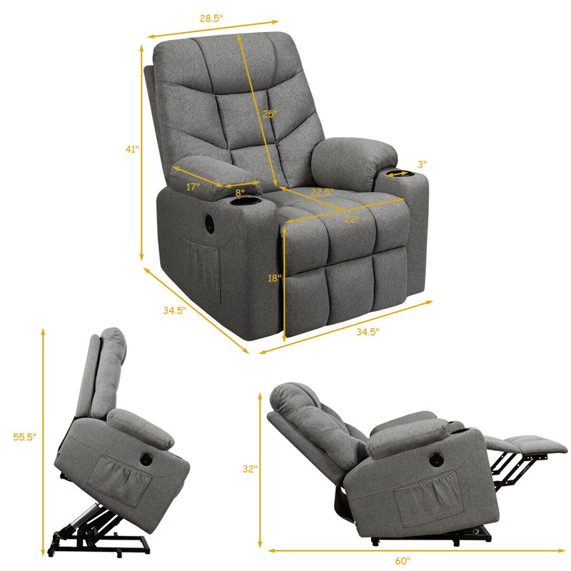Power Lift Recliner Chair Fabric Electric Massage Reclining Sofa Elderly Lift Chair with 8 Point Massage Lumbar Heat USB Charge Port-Aldronix