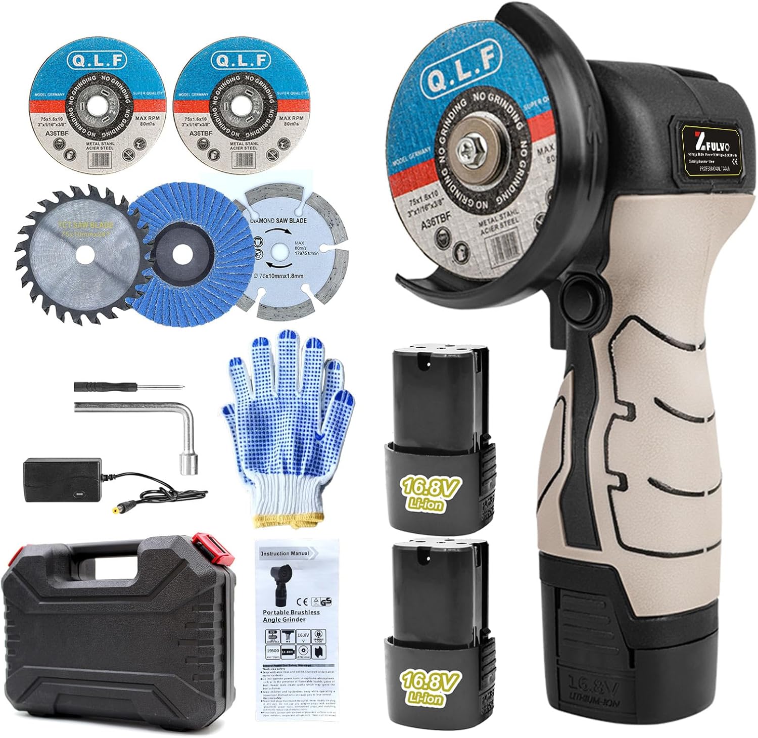 Cordless Brush Angle Grinder Kit, 19500rpm Mini Electric Angle Grinding Tool with 2pcs 16.8V 2000mAh Batteries and 5-Cutting Discs, Grinder Handheld Cutter for Metal Wood-Aldronix
