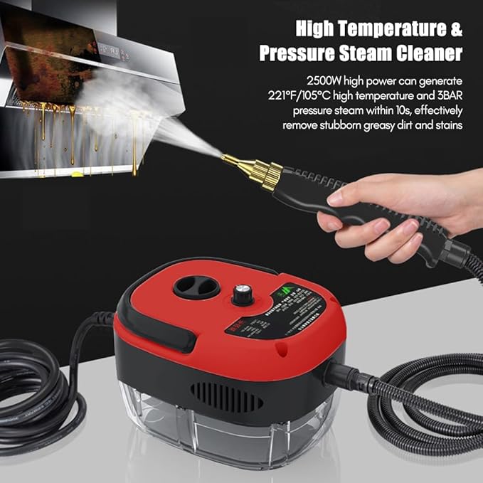 2500W Handheld Steam Cleaner High Temperature Pressurized Steam Cleaning Machine Portable Car Steamer with Brush Heads (Red)-Aldronix