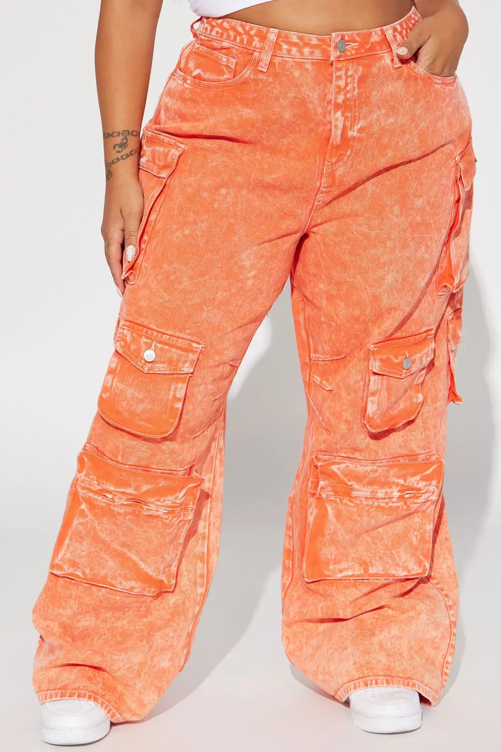 Lily High Rise Acid Wash Cargo Jeans - Orange-Aldronix