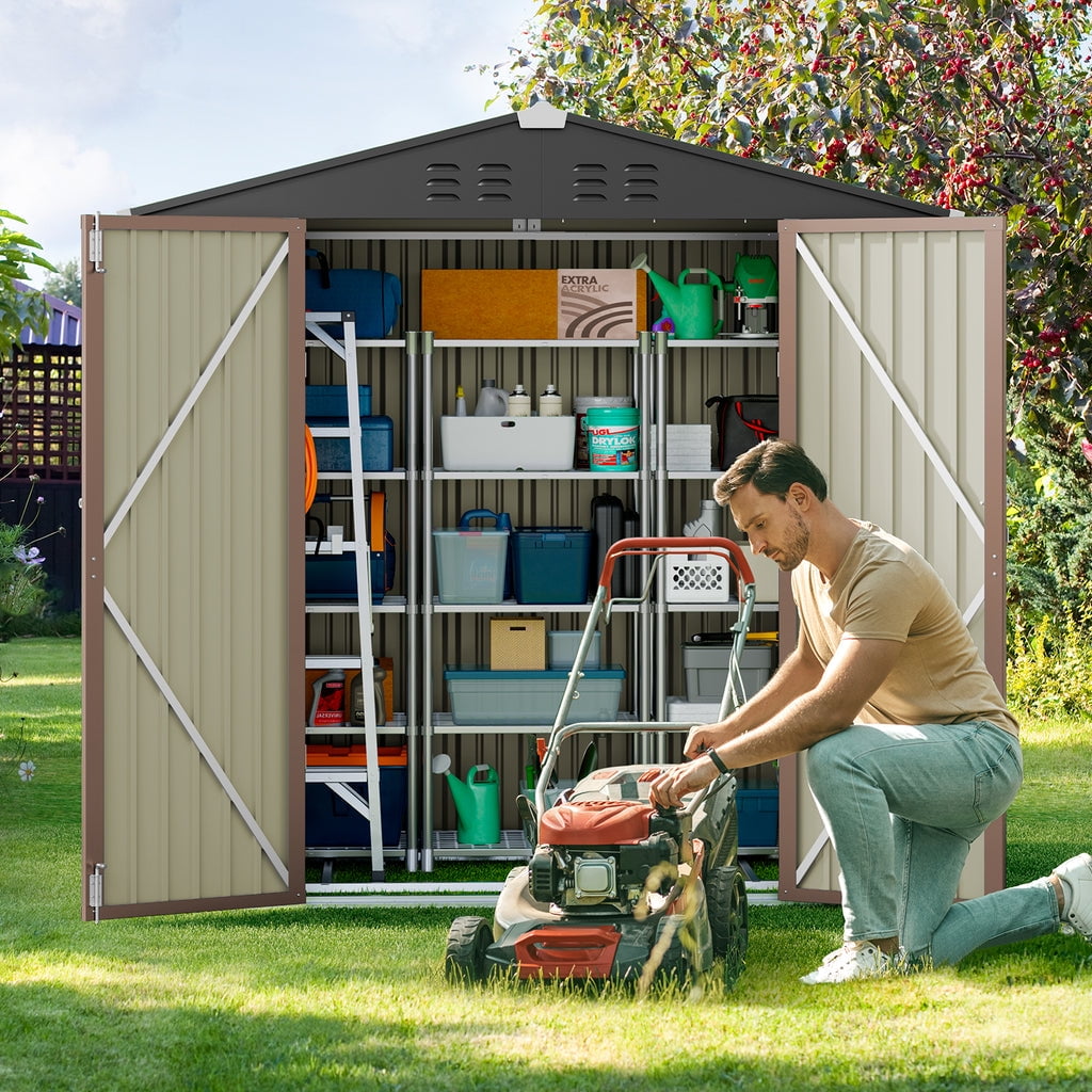 8 x 6 FT Outdoor Storage Shed on Clearance with Metal Base Frame and Double Lockable Doors for Garden, Patio - Gray-Aldronix
