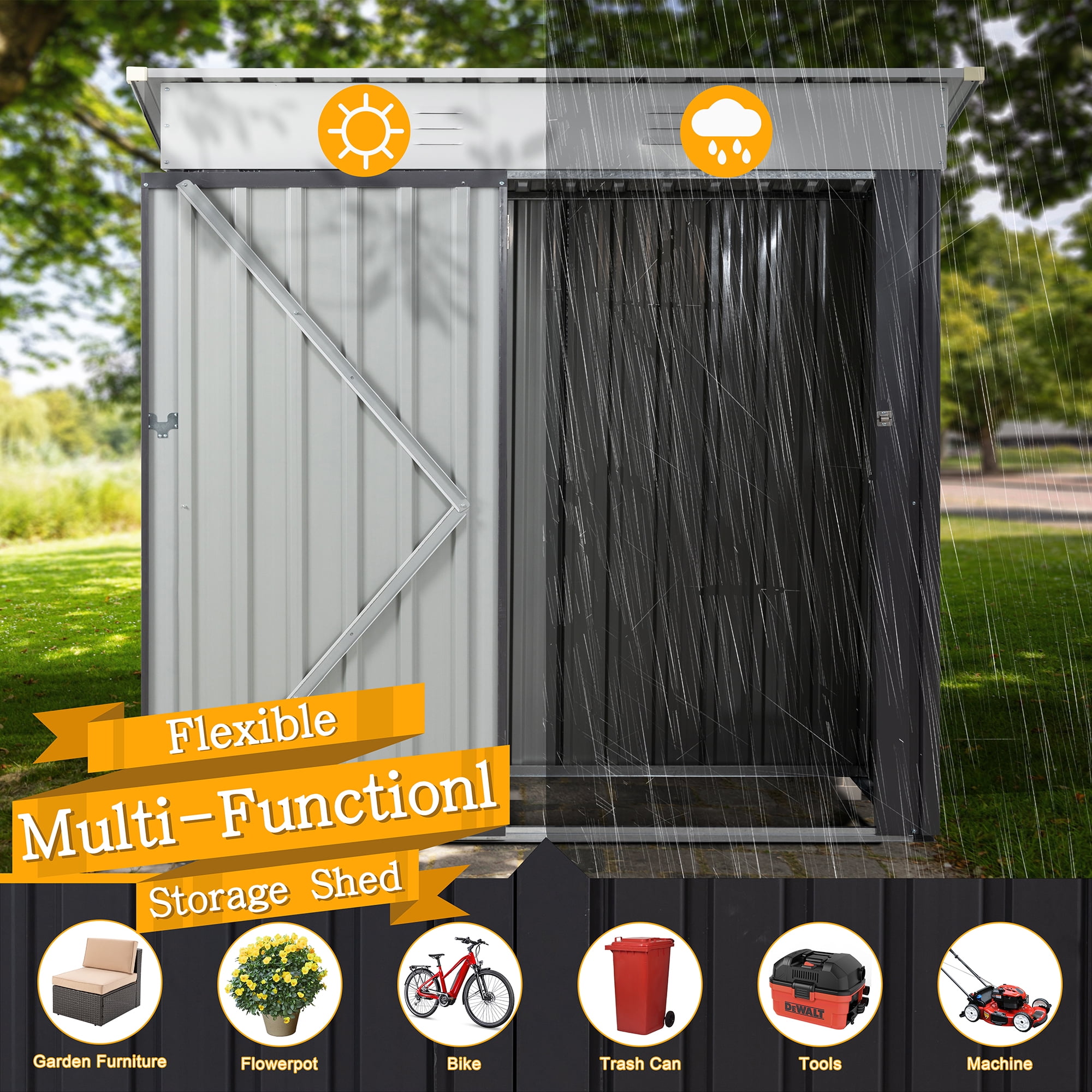 5X3 FT Outdoor Storage Shed,Waterproof Metal Garden Sheds with Lockable Double Door,Weather Resistant Steel Tool Storage House Shed Grey-Aldronix