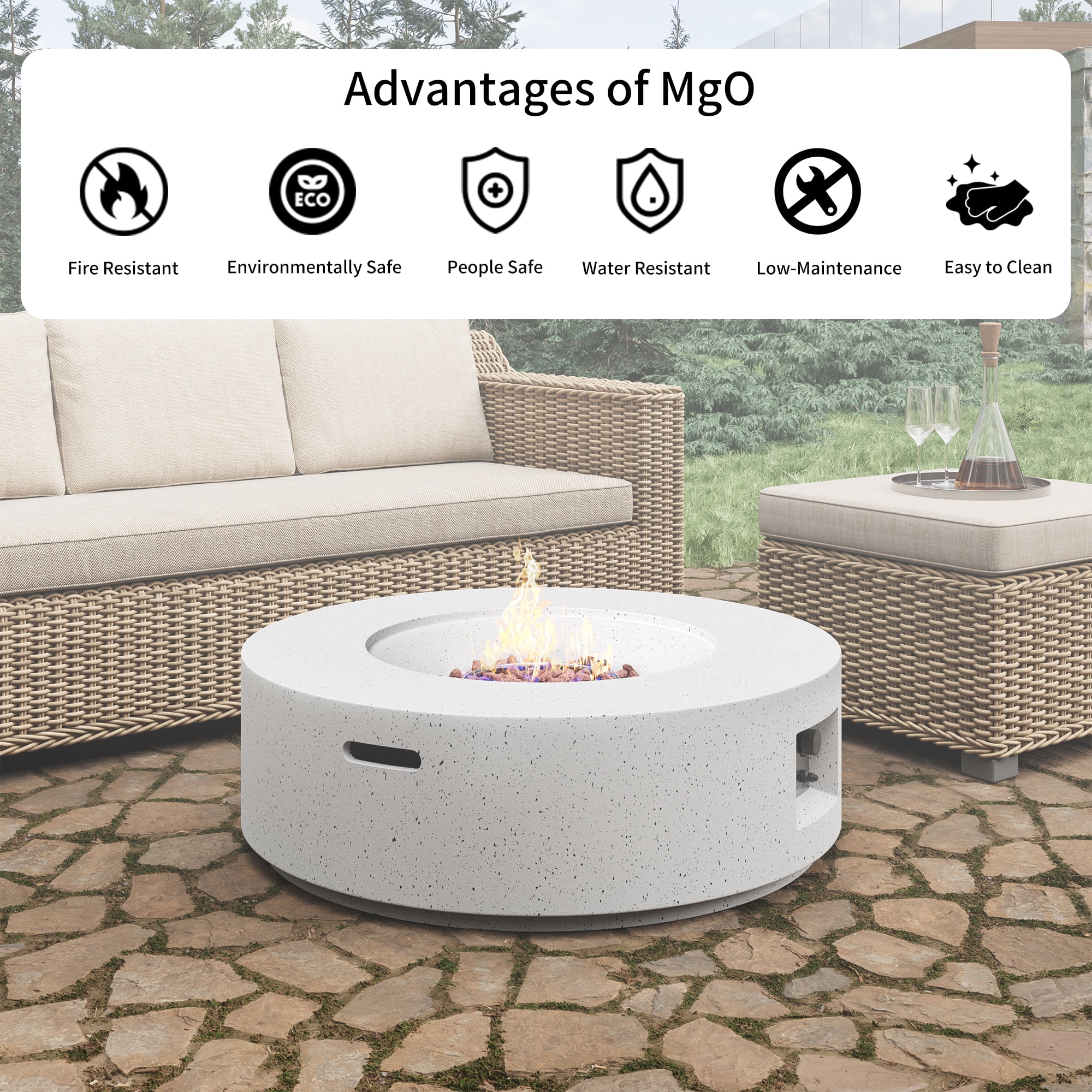 36" Propane Fire Pit 40,000 BTU Outdoor Round Fire Pits with Cover and Pulse Ignition, Outdoor Heating for Patio Garden Backyard,White-Aldronix