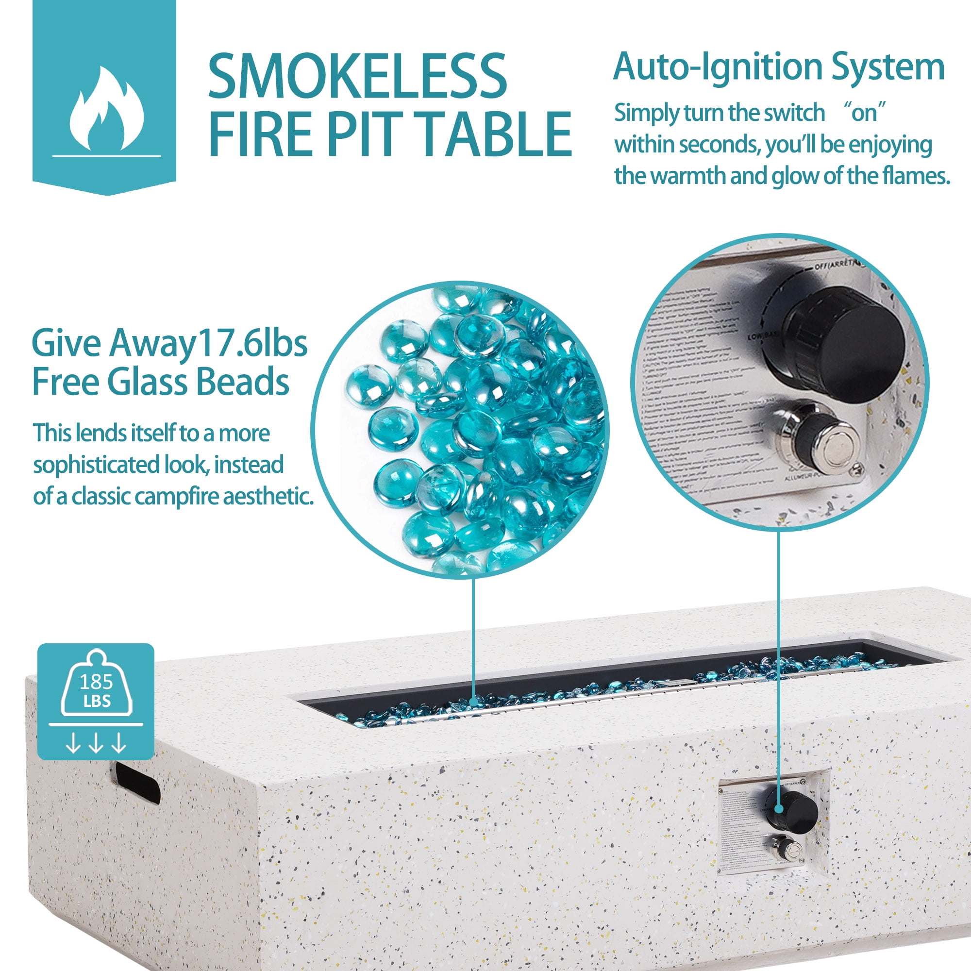 56 inch Concrete Propane Fire Pit Table, 50,000 BTU Outdoor Firepit Rectangular Table with Propane Tank Metal Stand, Fire Glass Beads and Waterproof Cover, White-Aldronix