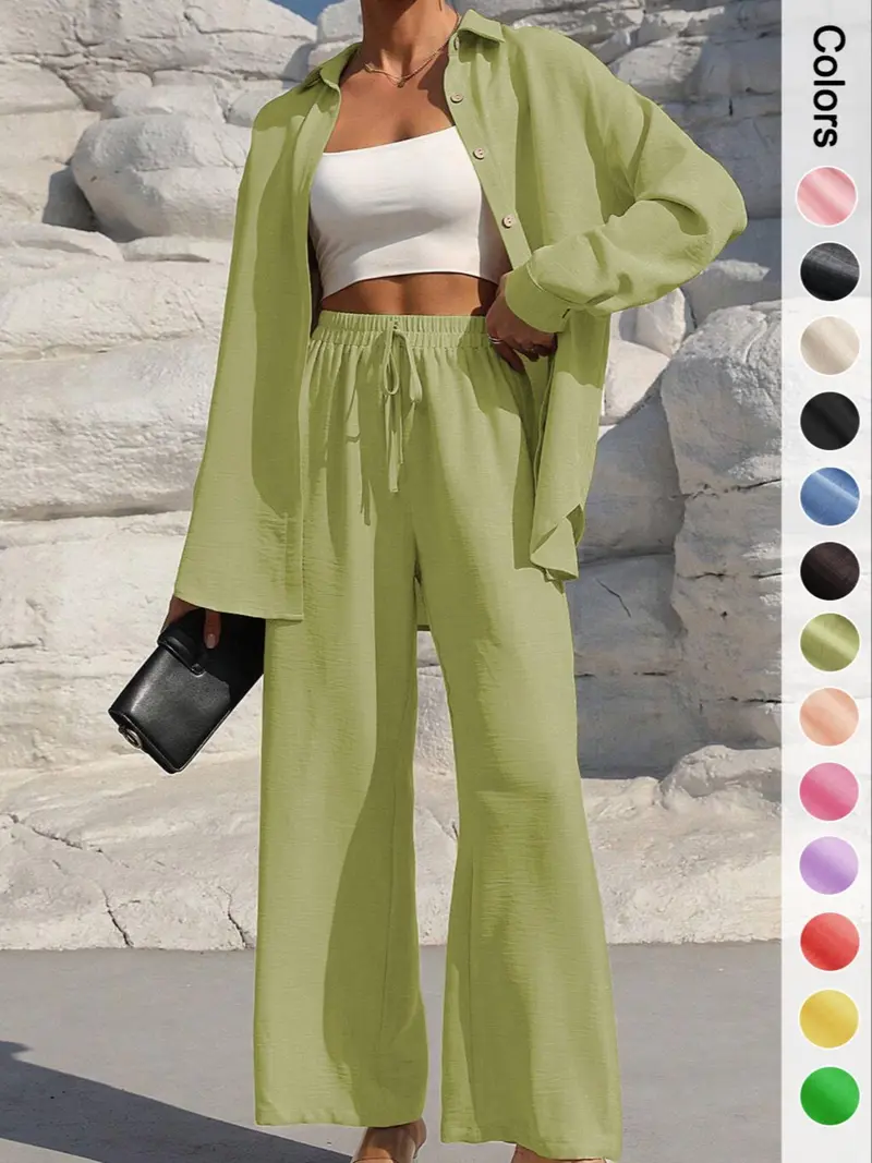 (SALE: 8 Sets➡️$54.99)Women's Solid Button Front Shirt & Tie Front Wide Leg Pants Two-piece Set-Aldronix