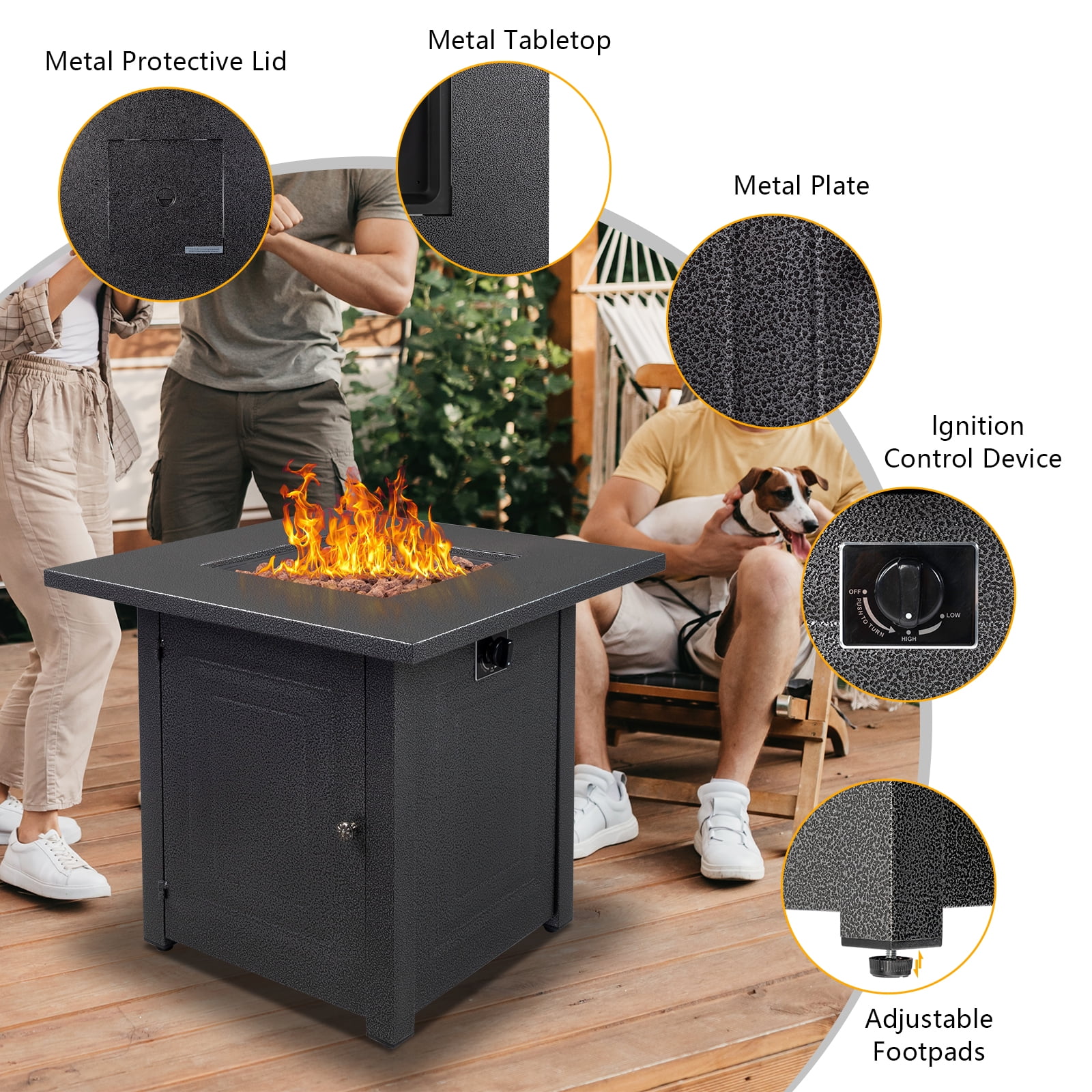 Square Propane Fire Pit Table, Outdoor Gas Fire Pit Table with Lava Rocks and Lid, Gas Heater for Bonfire Patio Garden Backyard, 28-Inch 50,000 BTU Auto-Ignition Fire Table, CSA Certification-Aldronix