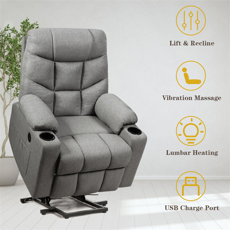 Power Lift Recliner Chair Fabric Electric Massage Reclining Sofa Elderly Lift Chair with 8 Point Massage Lumbar Heat USB Charge Port-Aldronix