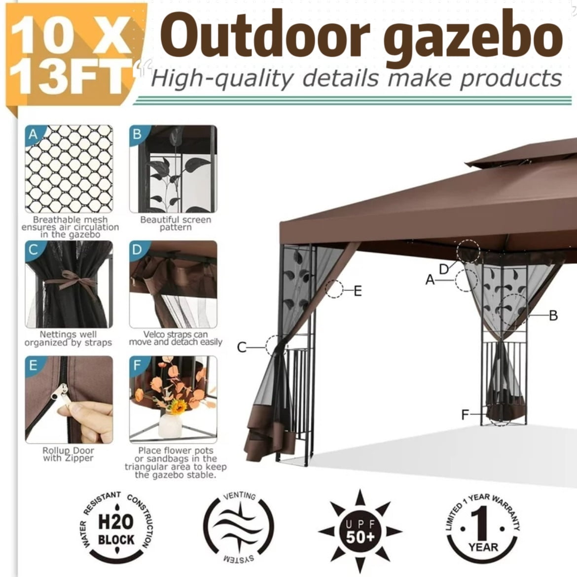 10'x 13' Metal Patio Gazebo, Outdoor Gazebo Canopy Tent for Backyard with Mosquito Netting, Gazebos Shelter with Steel Frame, Patio Covers for Sun and Rain, Brown-Aldronix