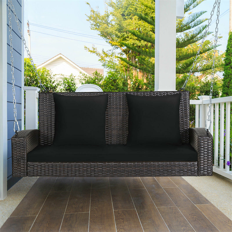 2-Person Outdoor Wicker Hanging Porch Swing Bench with 3 Cushions-Aldronix