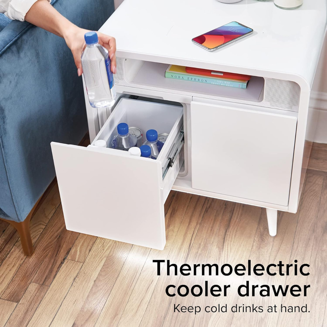 Smart Side/Nightstand Table - with Cooling Drawer, Wireless Charging, Bluetooth Speakers, USB-C and 120V outlets, LED Light-Aldronix