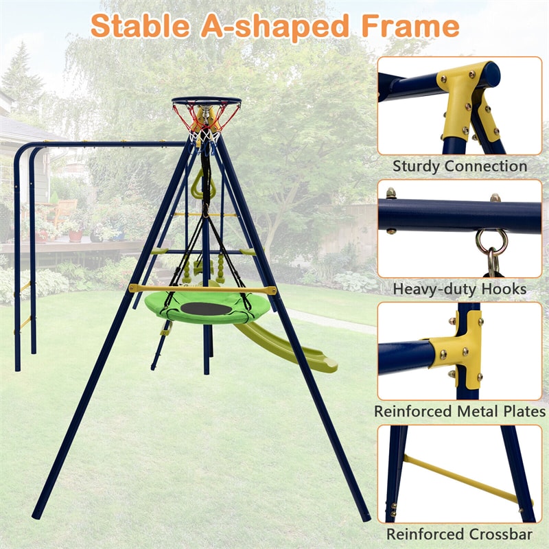 660 lbs Kids Swing Sets 7-in-1 Heavy Duty Backyard Swing Set Outdoor Playset with 2 Swings Glider Basketball Hoop Slide Gym Rings-Aldronix