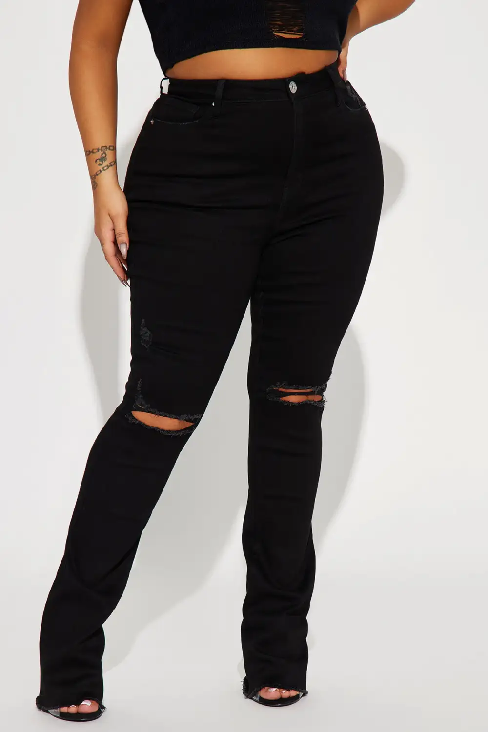 After Dark Ripped High Rise Stretch Bootcut Jeans - Black-Aldronix