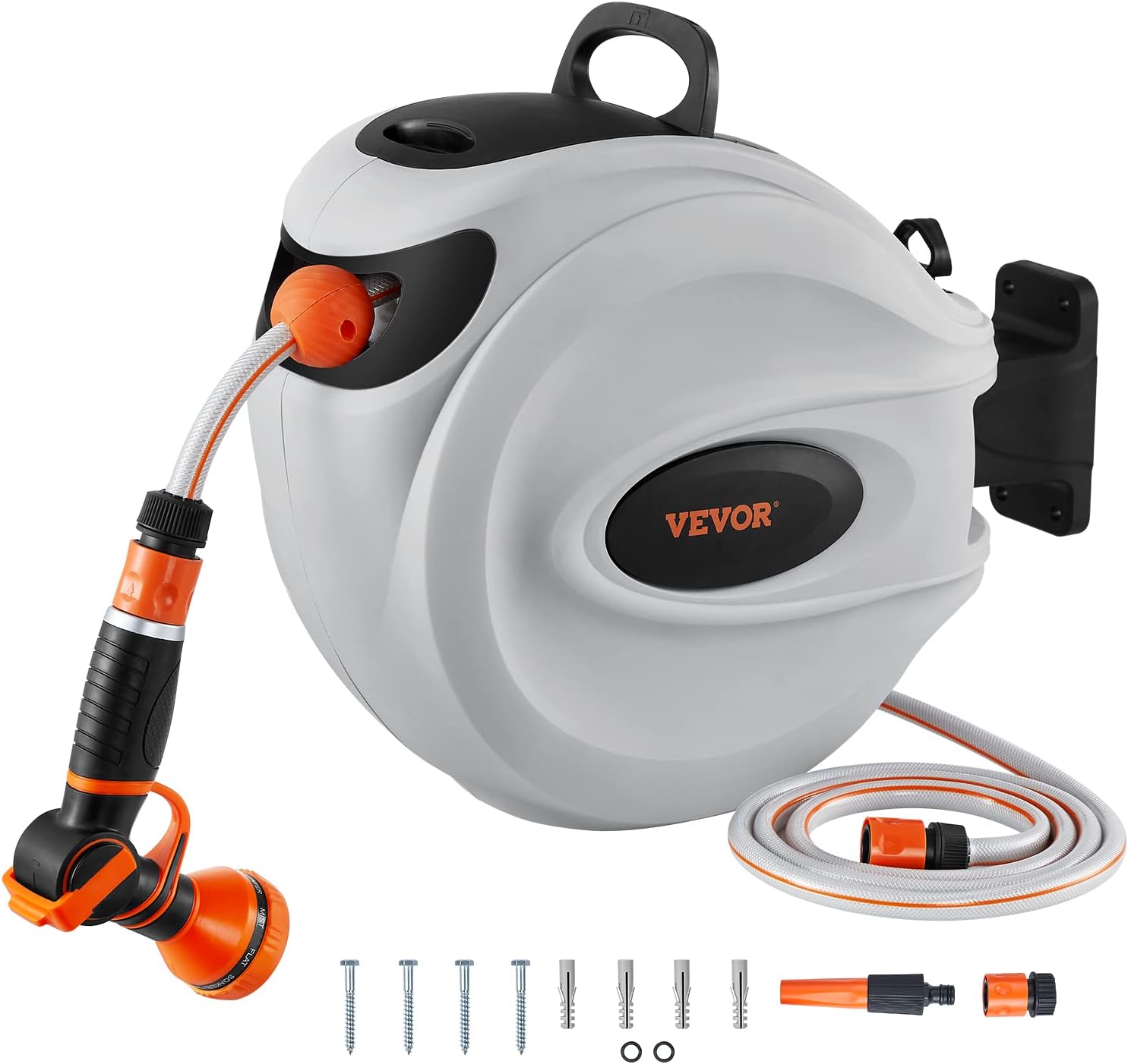 VEVOR Retractable Hose Reel, 65.6 ft x 1/2 inch, 180° Swivel Bracket Wall-Mounted, Garden Water Hose Reel with 9-Pattern Nozzle and 3 Fast Adaptors, Automatic Rewind, Lock at Any Length-Aldronix
