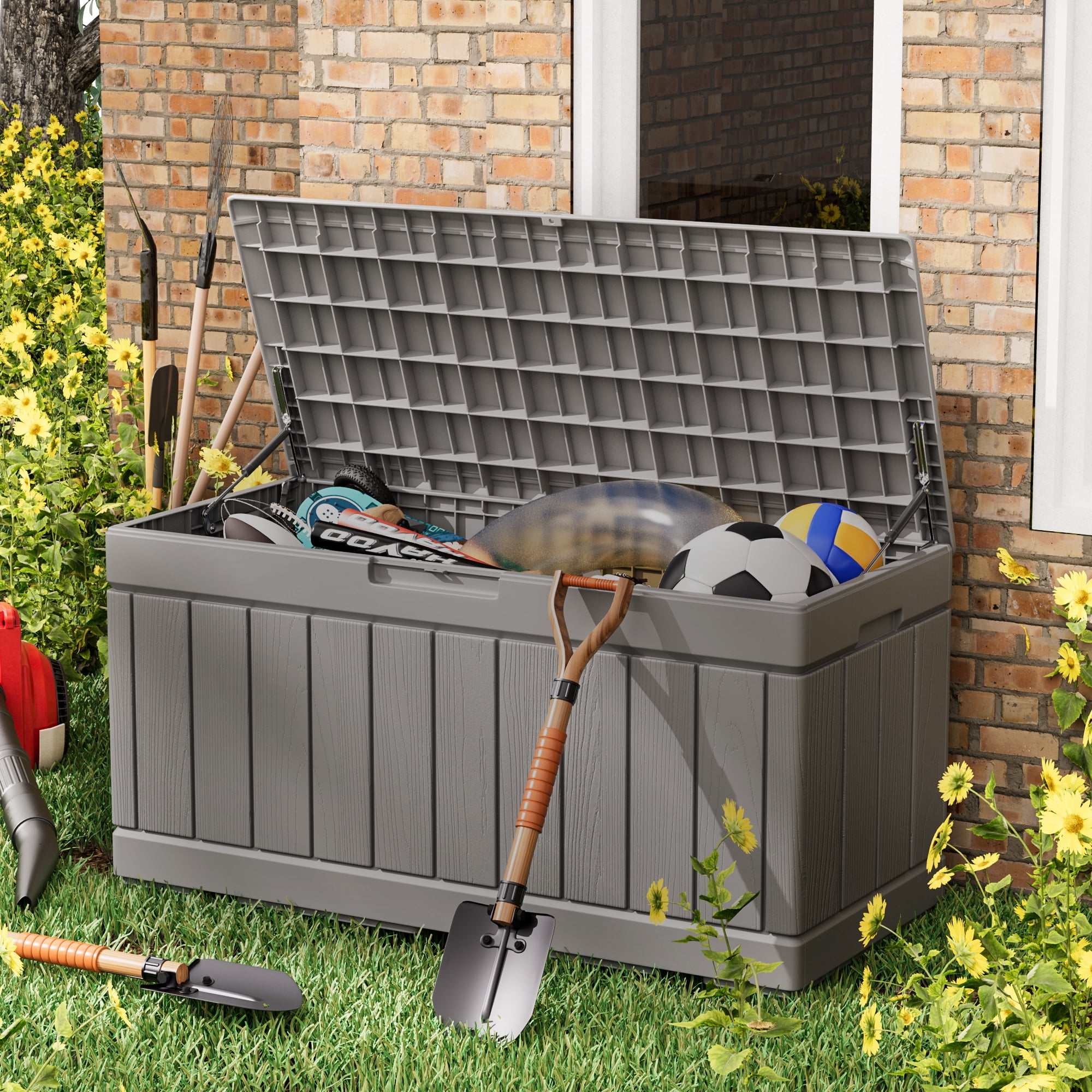 82 Gallon Outdoor Storage in Resin Deck Box 45.66in Width Lockable Deck Box, Black-Aldronix