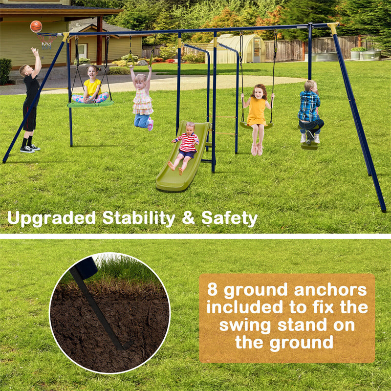 660 lbs Kids Swing Sets 7-in-1 Heavy Duty Backyard Swing Set Outdoor Playset with 2 Swings Glider Basketball Hoop Slide Gym Rings-Aldronix