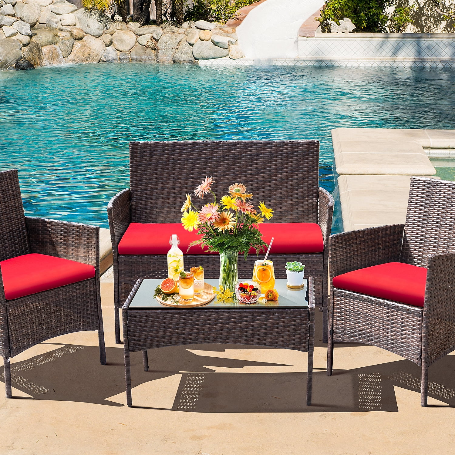 4 Pieces Patio Conversation Set Outdoor PE Rattan Wicker Chairs Set and Table, Brown-Aldronix