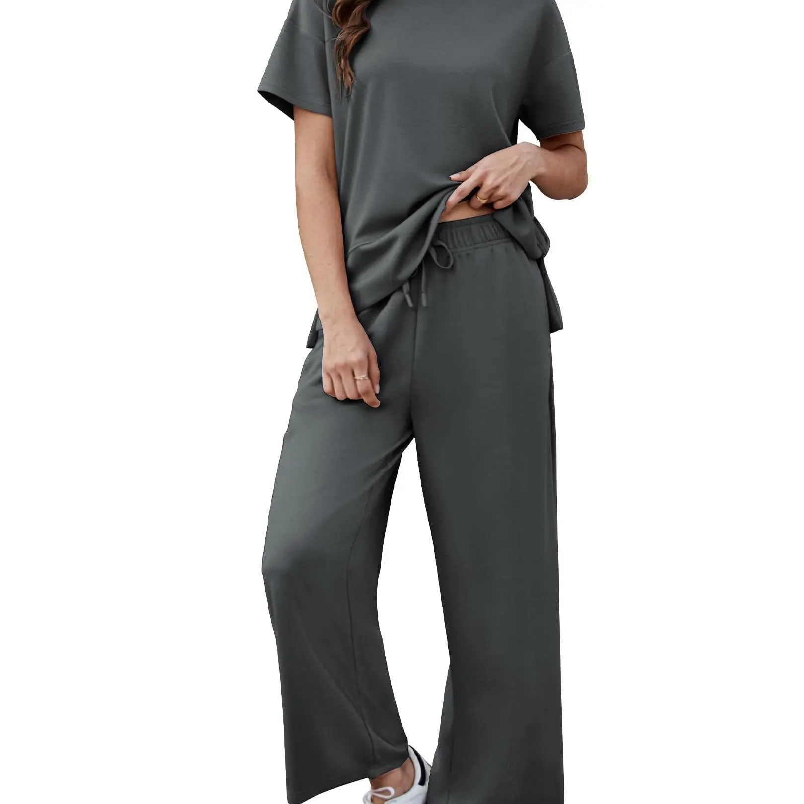 PINSPARK 2Pcs Women Summer Lounge Set, Short Sleeve Top & Wide Leg Pants-Aldronix