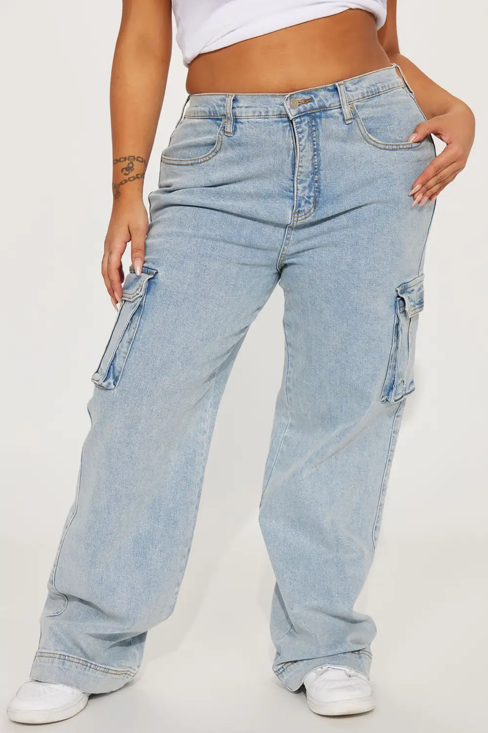 Just A Fling Stretch Straight Leg Cargo Jean - Light Wash-Aldronix