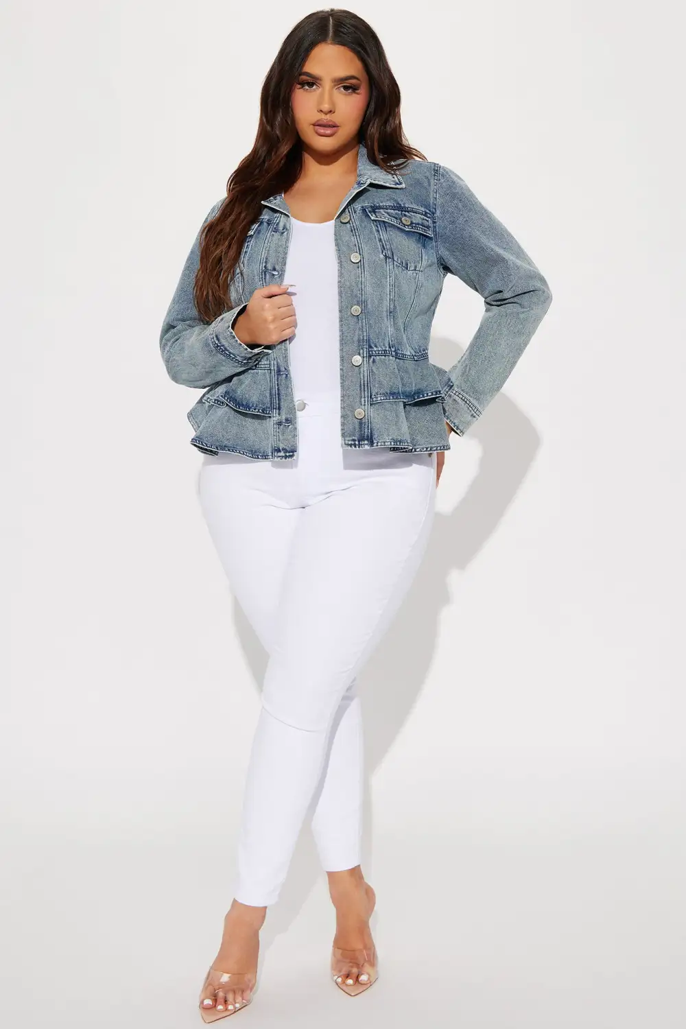 Sweetheart Peplum Denim Jacket - Medium Wash-Aldronix