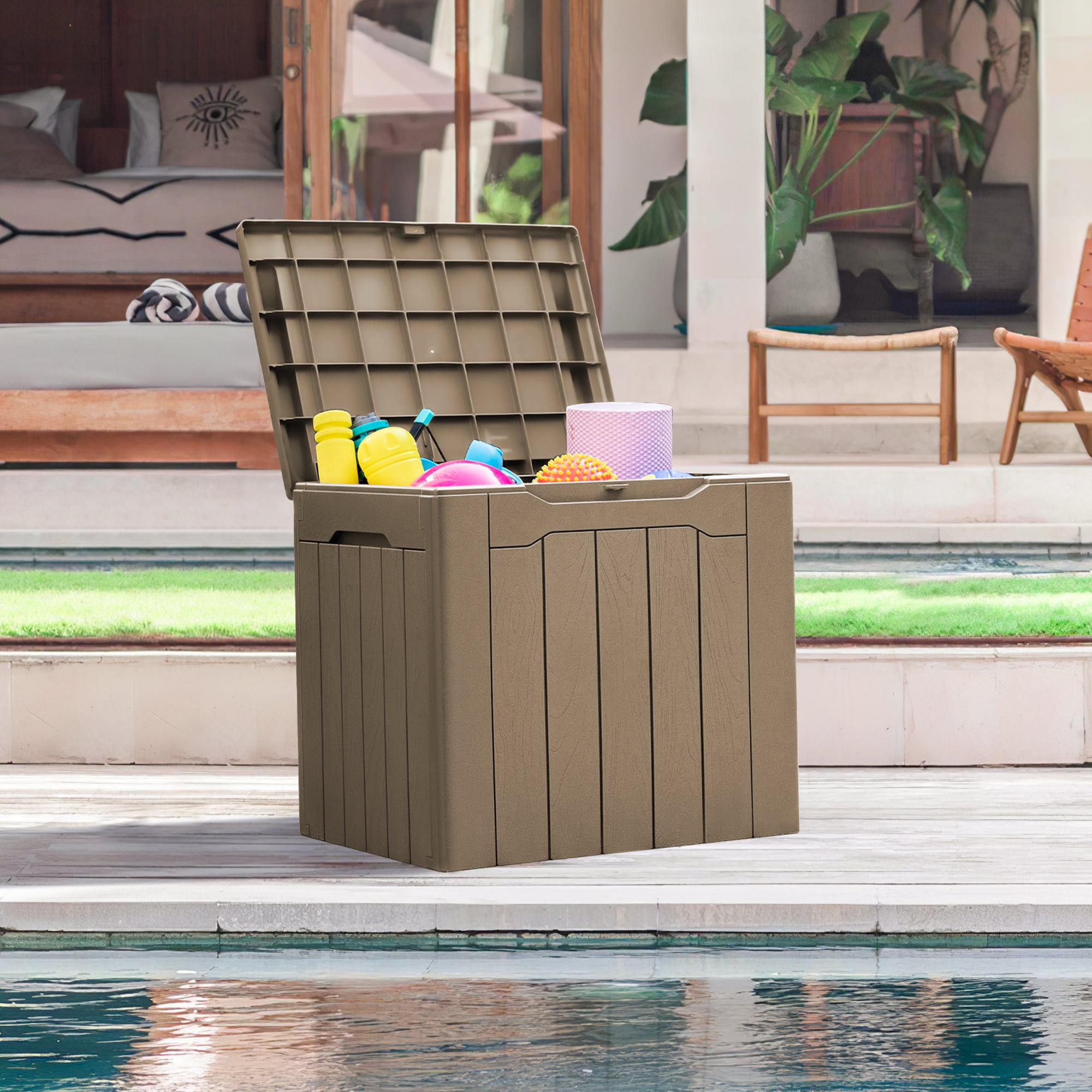 31 Gallon Outdoor Deck Box In Resin with Seat, Light Coffee-Aldronix