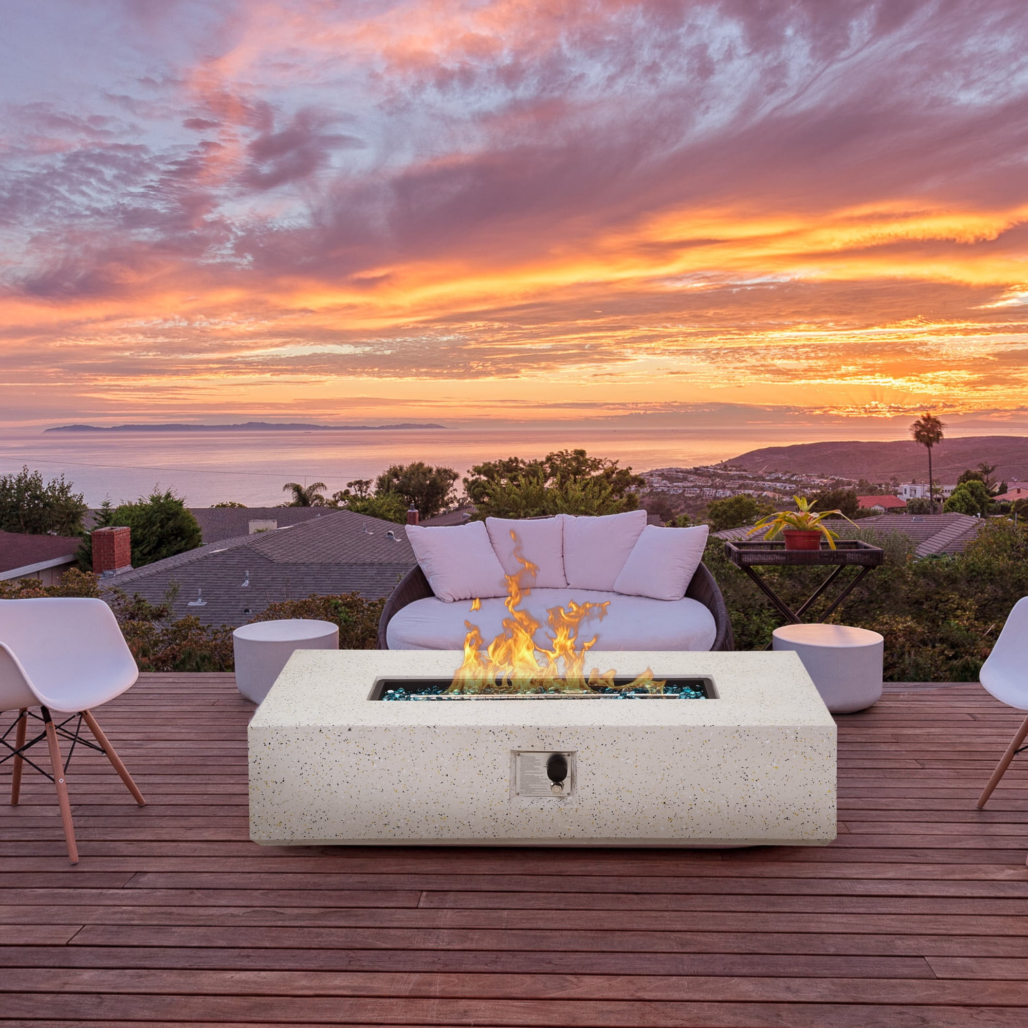 56 inch Concrete Propane Fire Pit Table, 50,000 BTU Outdoor Firepit Rectangular Table with Propane Tank Metal Stand, Fire Glass Beads and Waterproof Cover, White-Aldronix
