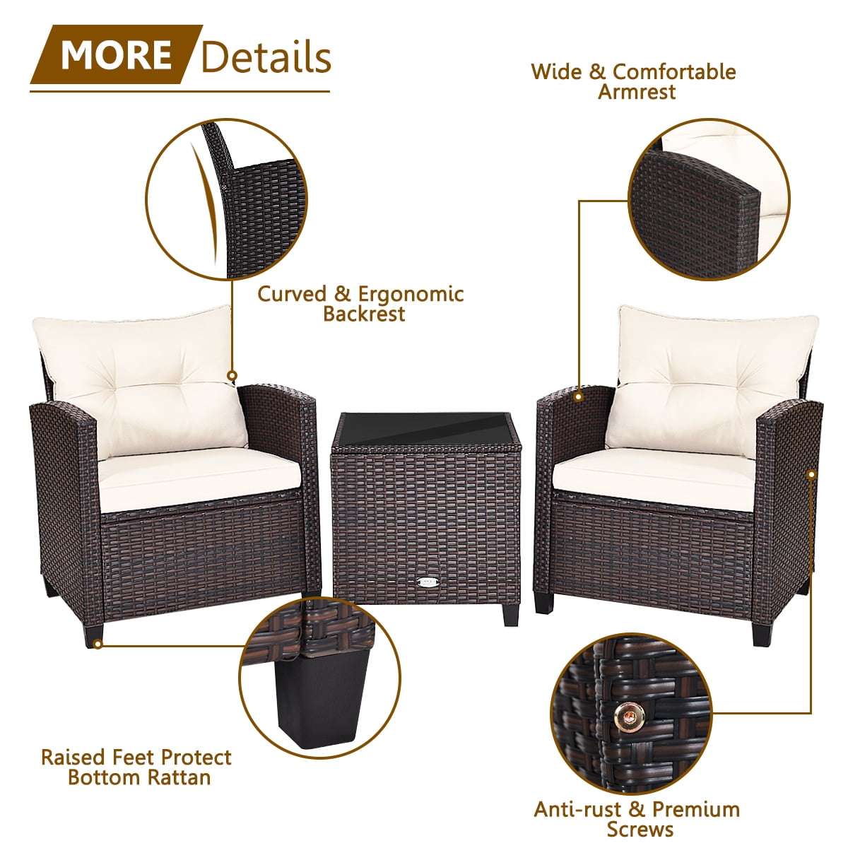 3 Pieces Wicker Cushioned Conversation Set Outdoor Rattan Furniture with Turquoise Cushions-Aldronix