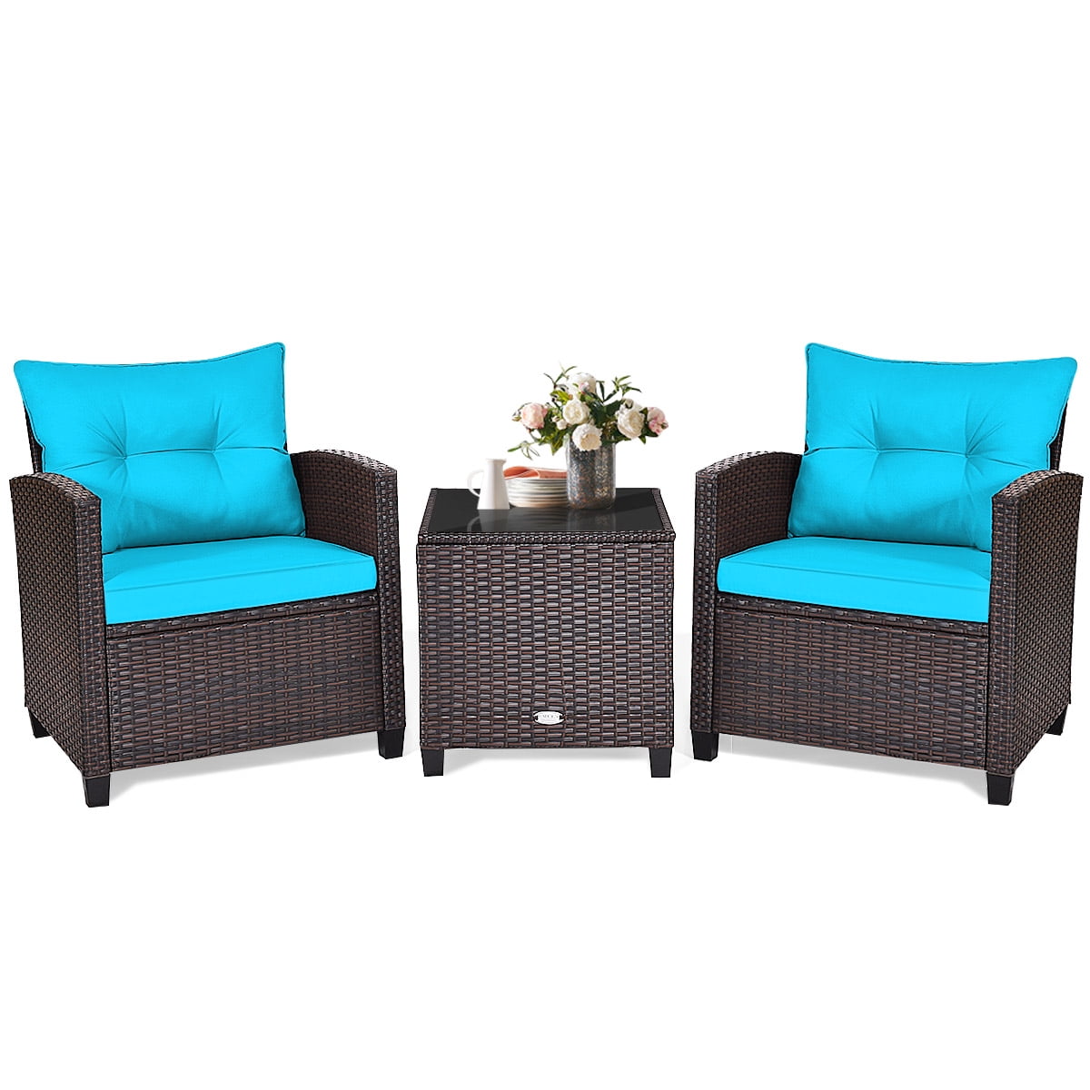 3 Pieces Wicker Cushioned Conversation Set Outdoor Rattan Furniture with Turquoise Cushions-Aldronix