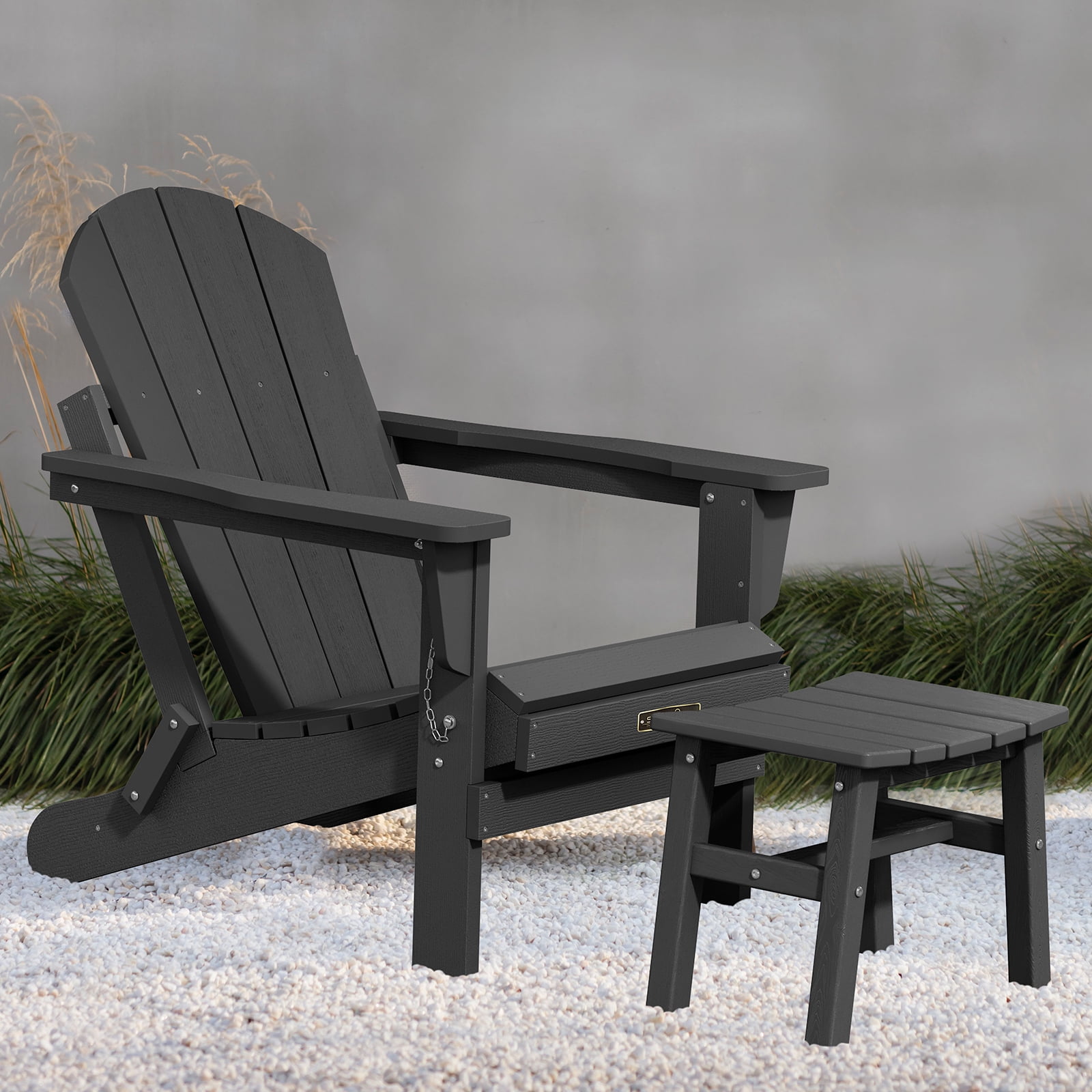 Outdoor Patio Folding HDPE Resin Adirondack Chair, Black-Aldronix
