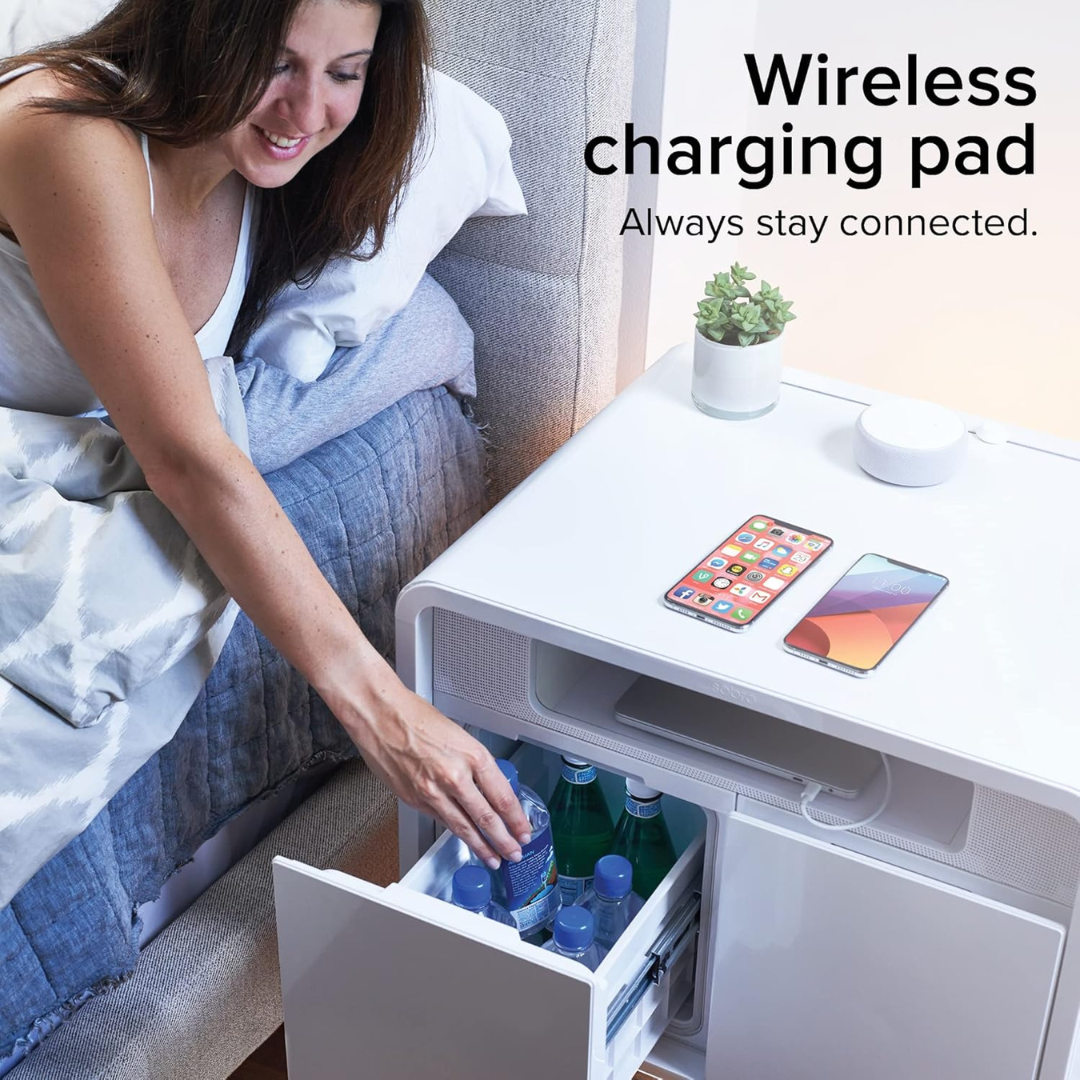 Smart Side/Nightstand Table - with Cooling Drawer, Wireless Charging, Bluetooth Speakers, USB-C and 120V outlets, LED Light-Aldronix