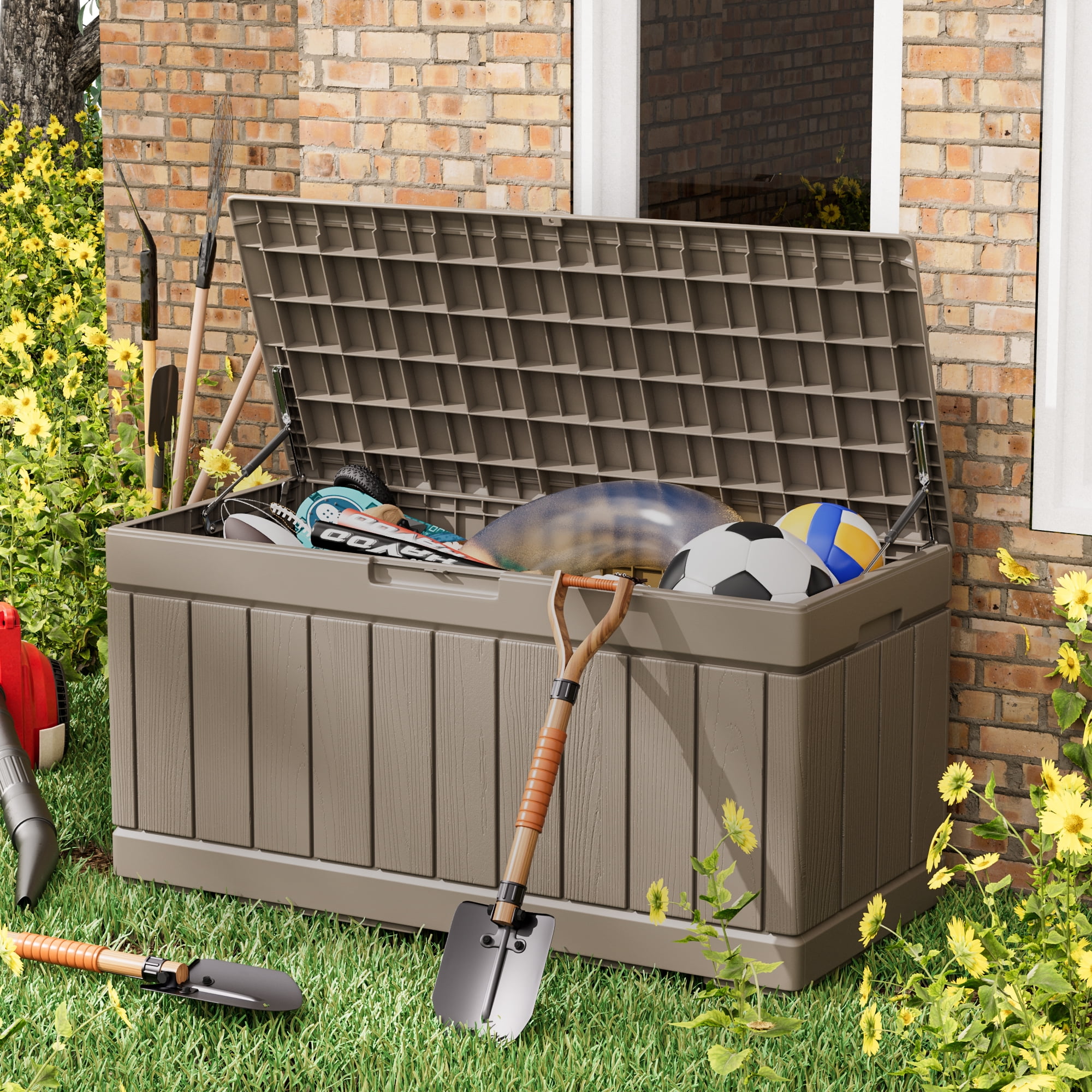82 Gallon Outdoor Storage in Resin Deck Box 45.66in Width Lockable Deck Box, Black-Aldronix