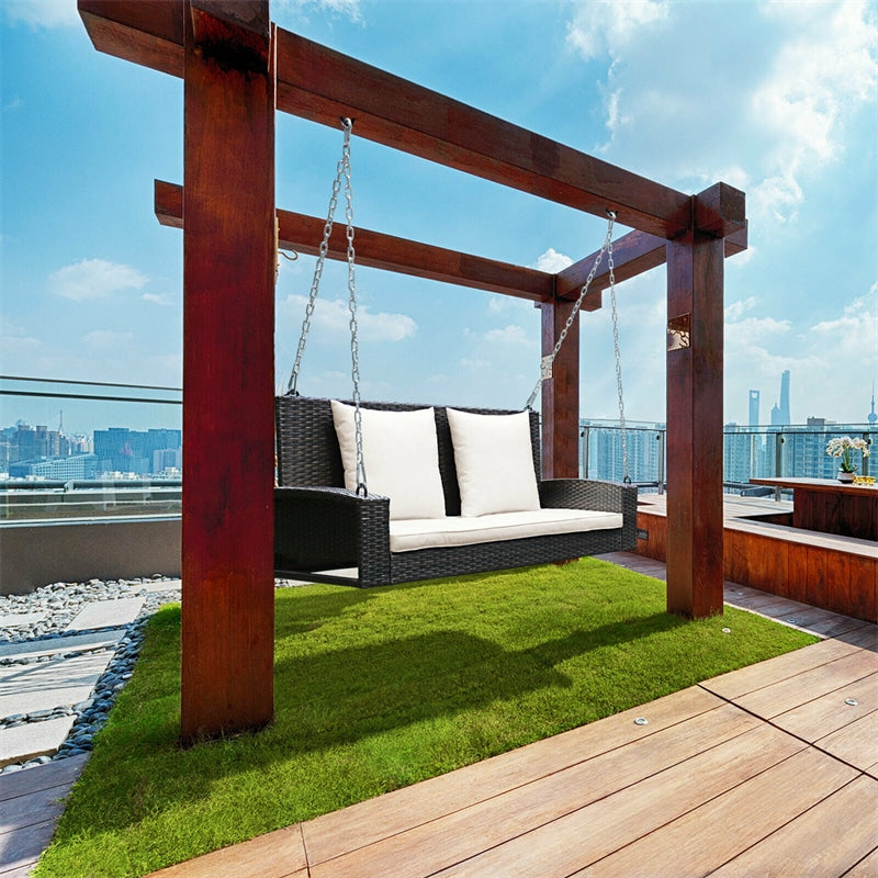 2-Person Outdoor Wicker Hanging Porch Swing Bench with 3 Cushions-Aldronix