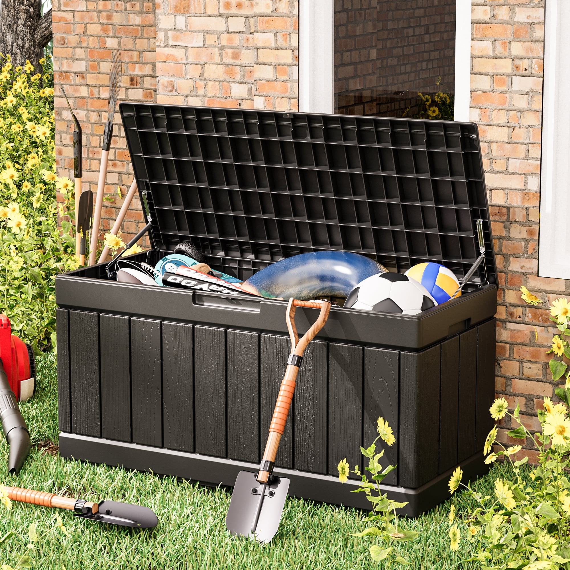 82 Gallon Outdoor Storage in Resin Deck Box 45.66in Width Lockable Deck Box, Black-Aldronix