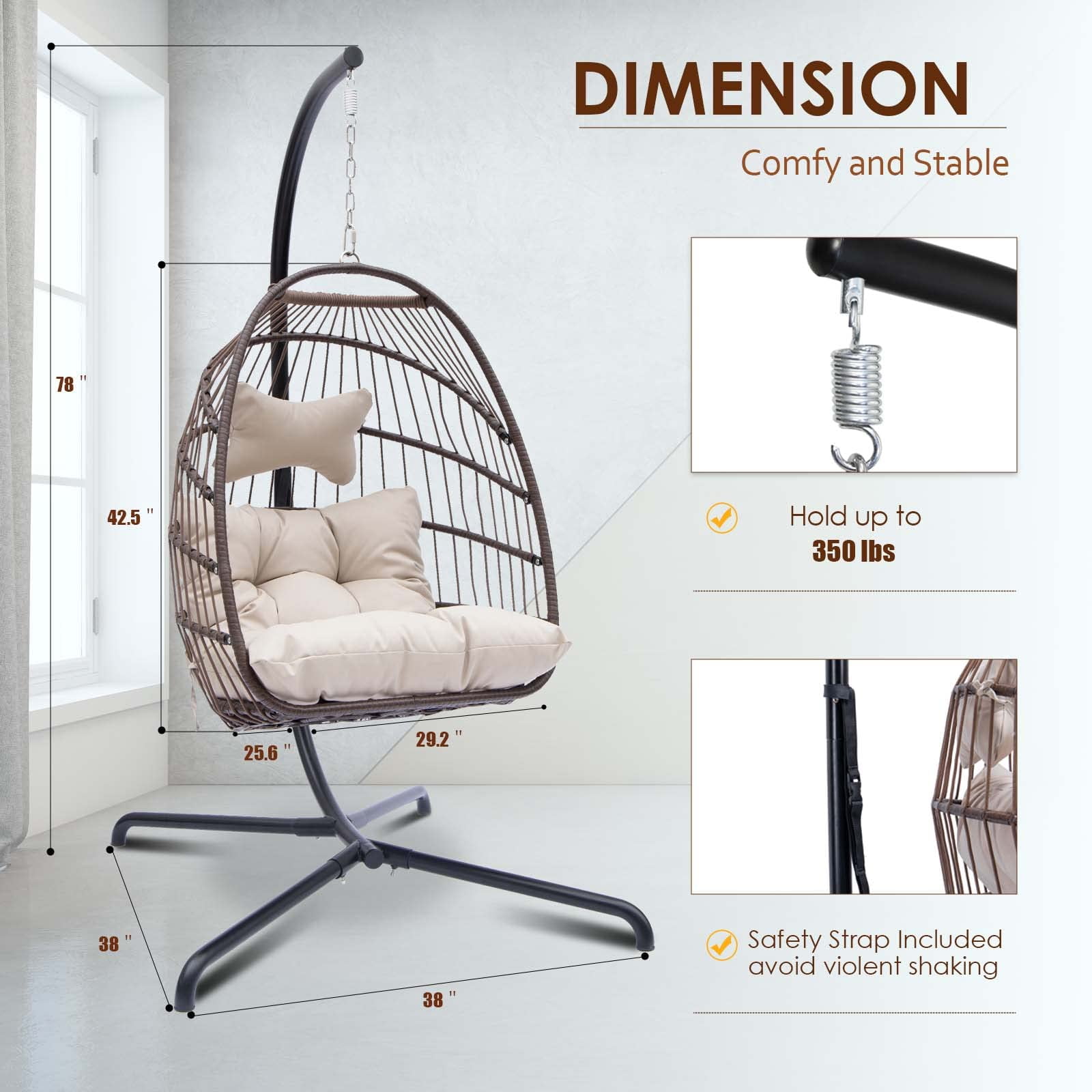 Swing Egg Chair Hanging Chair With Stand Grey Color 350 lbs Maximum Weight Foldable-Aldronix