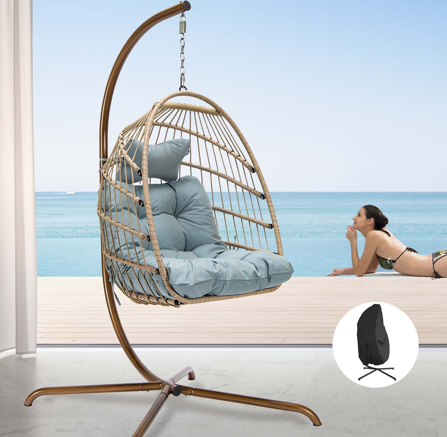 Swing Egg Chair Hanging Chair With Stand Grey Color 350 lbs Maximum Weight Foldable-Aldronix
