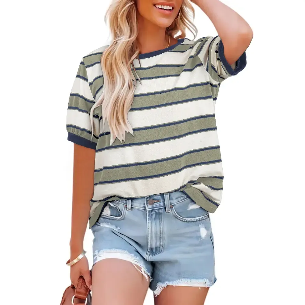 Women's Striped Color Block Short Sleeve T-Shirts - 95% Cotton + 5% Elastane Breathable Lightweight Soft Durable-Aldronix