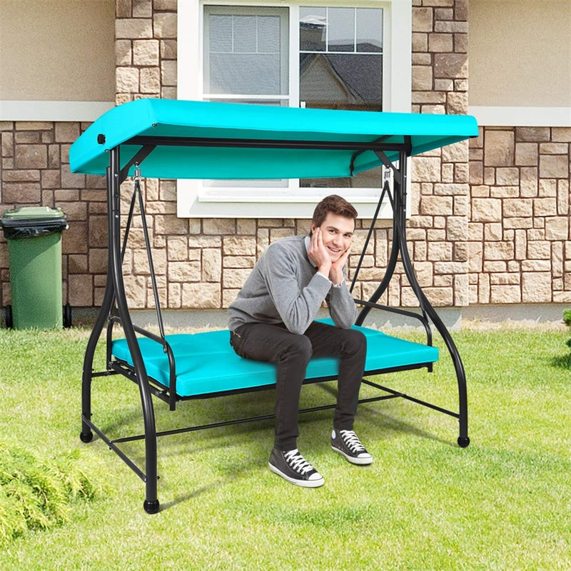 3 Seats Outdoor Patio Porch Swing Chair with Cushion Seat & Adjustable Tilt Canopy-Aldronix
