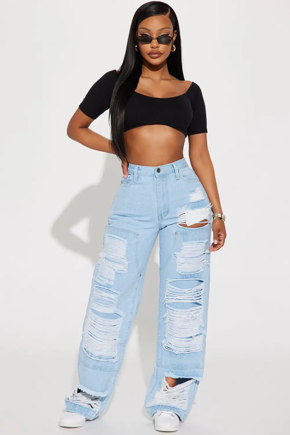 Way With Words Ripped Non Stretch Baggy Jeans - Light Wash-Aldronix