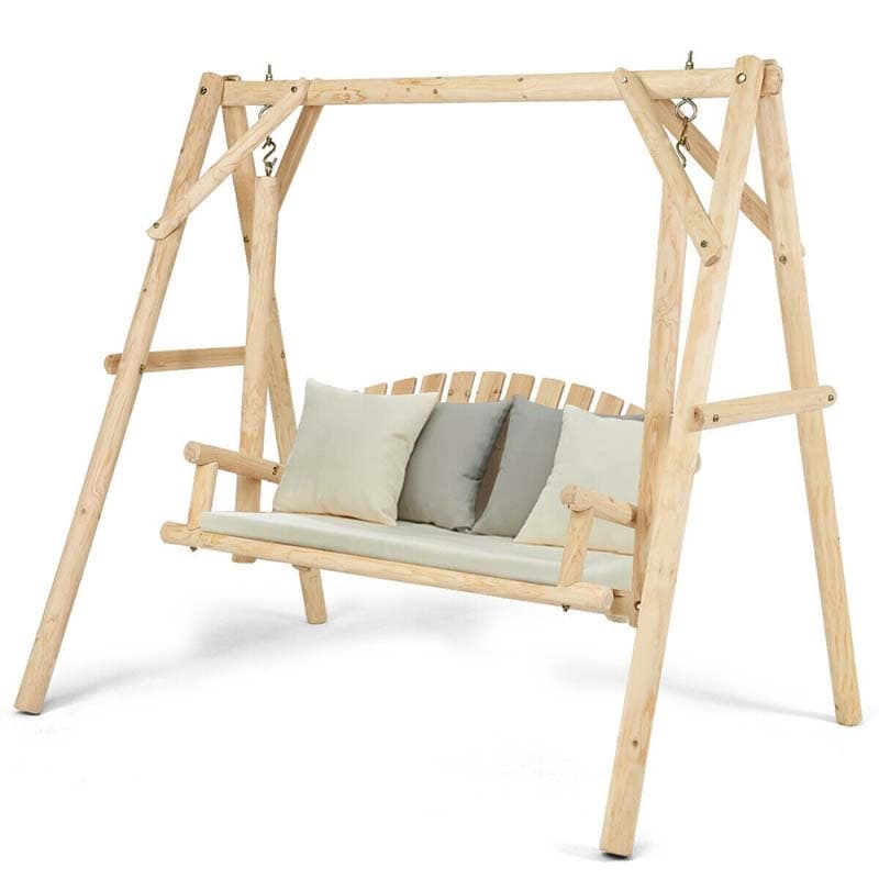 Wooden Hanging Porch Swing Outdoor Swing Bench Chair with Curved Back-Aldronix