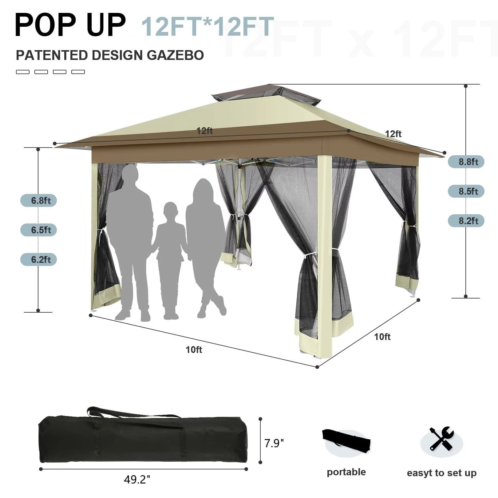 11x11 Pop up Gazebo Outdoor Canopy Gazebo Patio Gazebo with Mosquito Netting Canopy Shelter with 121 Square feet of Shade for Poolside, Garden, Party and Backyard, Khaki-Aldronix